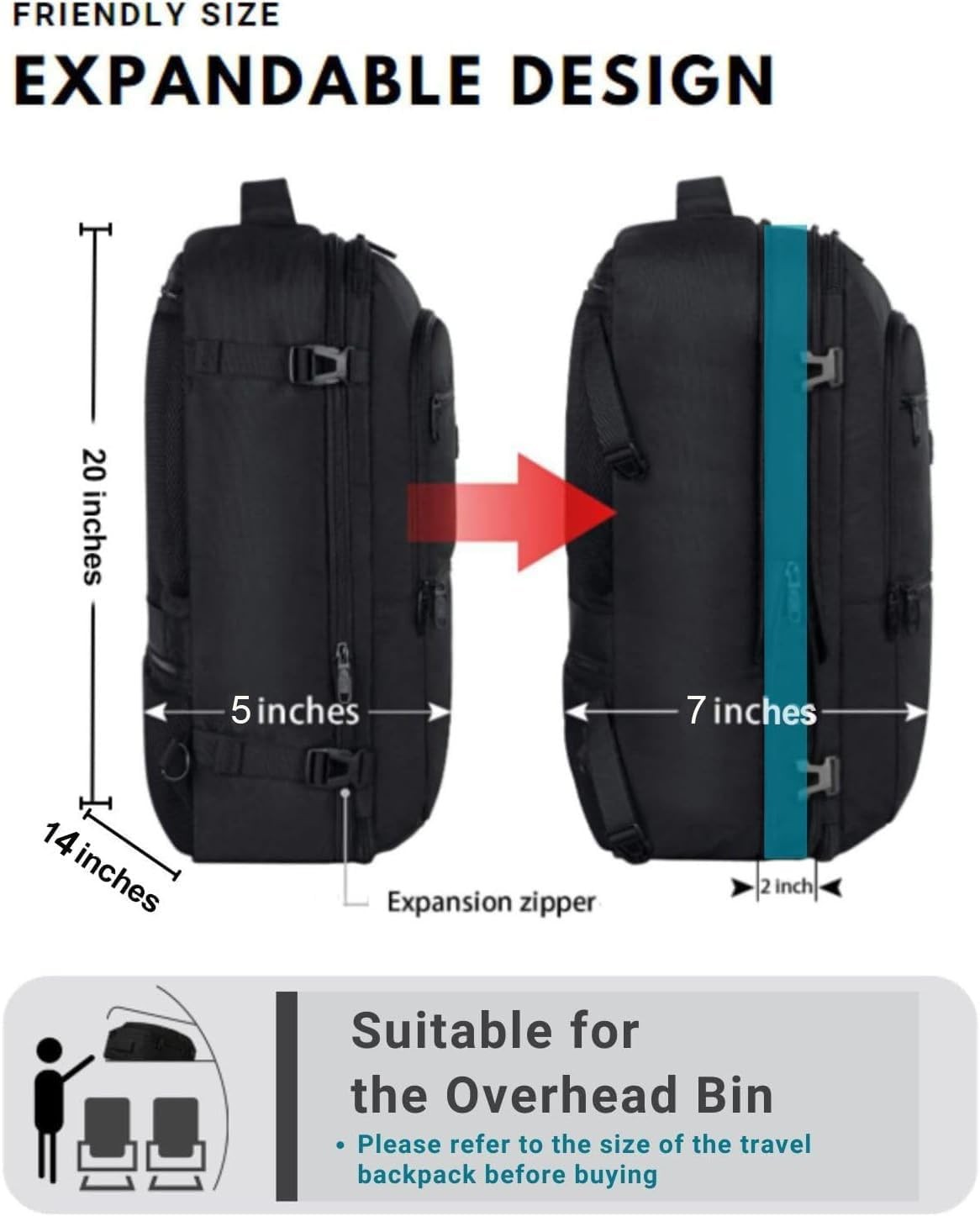 Travel Backpack 40L Carry On Flight Approved Weekender Backpack Expandable Bag
