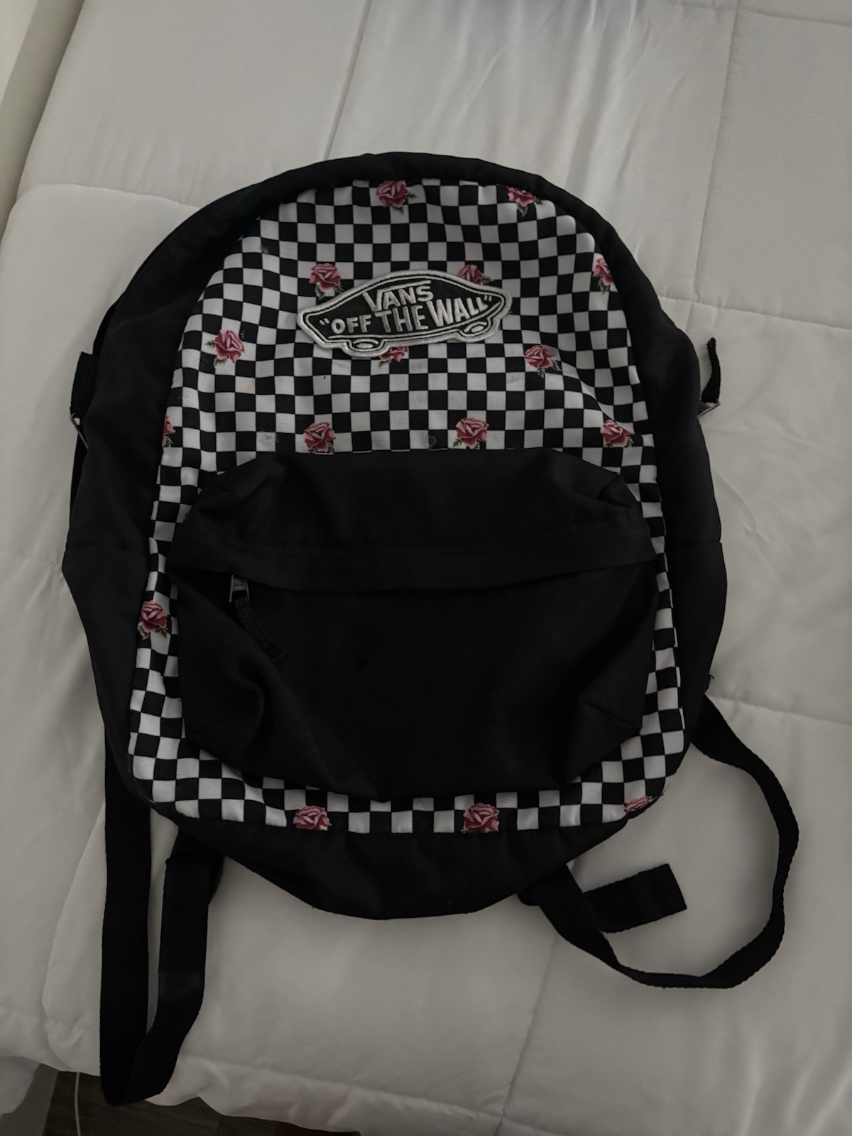 VANS Off the Wall Black & White Checkered W/ Pink Roses Backpack