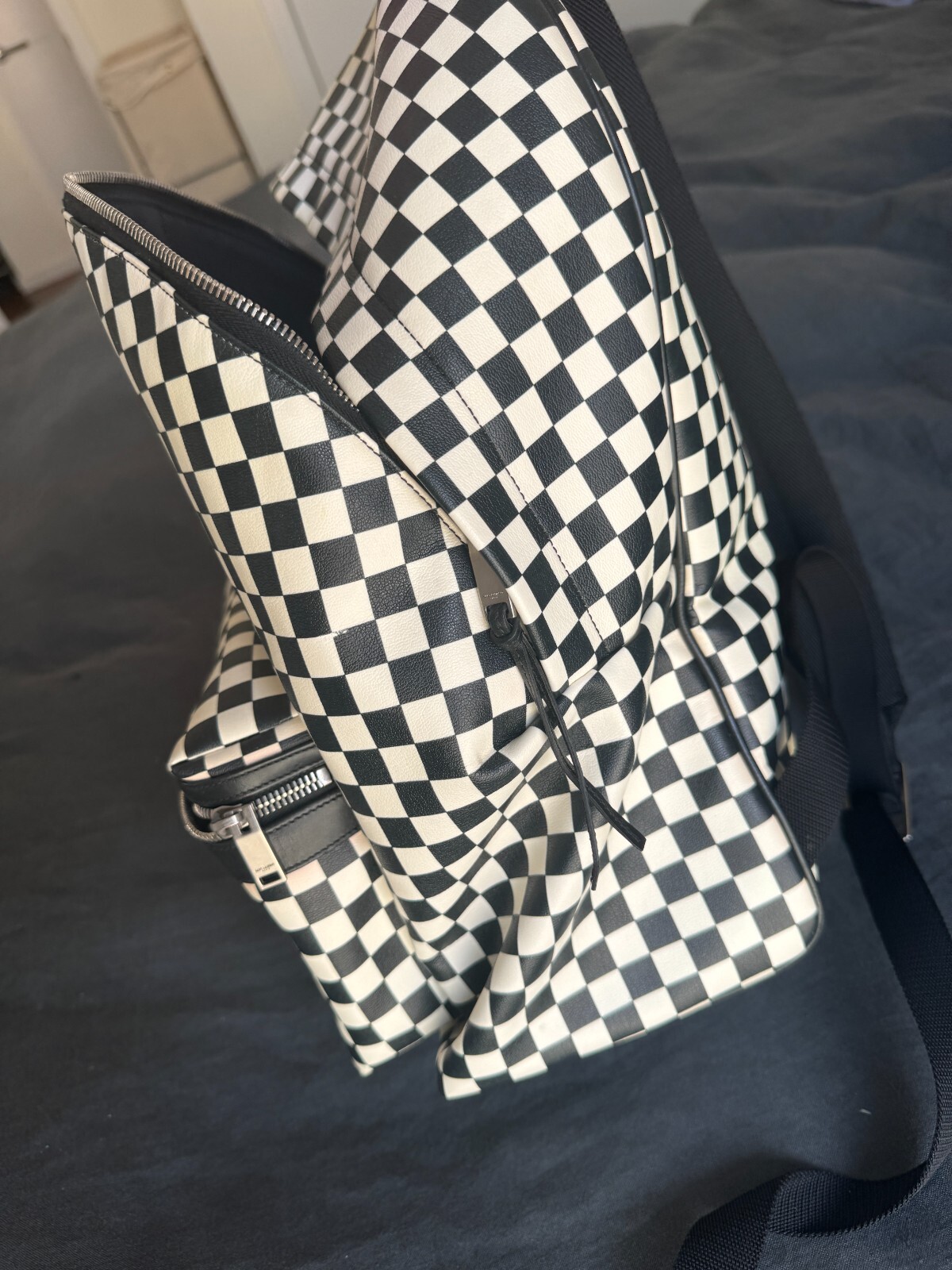 Saint Laurent Black & White Checkered Backpack (discoloration and fraying)