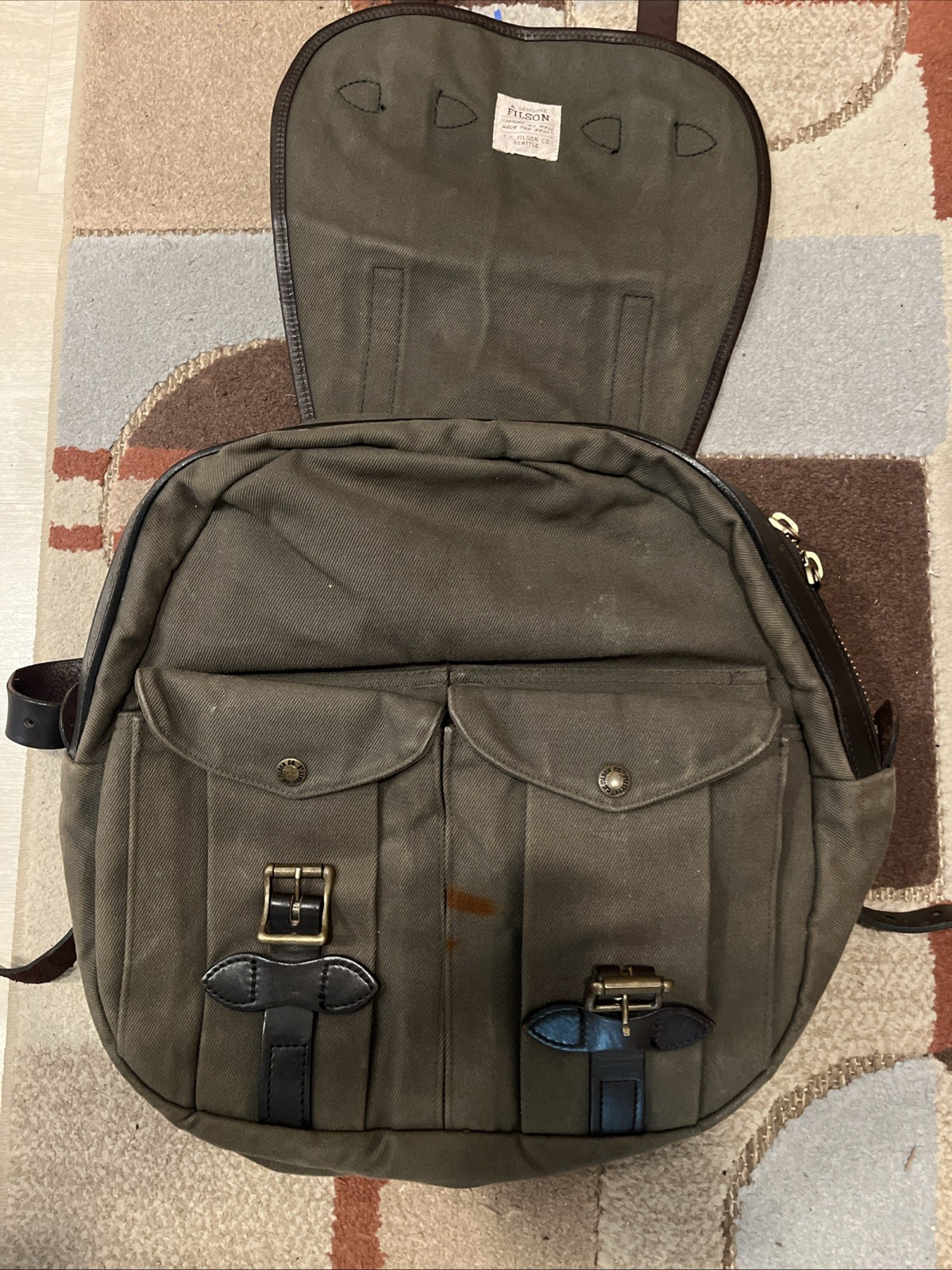 🔥 Filson USA Rucksack Backpack Bag Rugged Twill Otter Green Bridle Leather 262