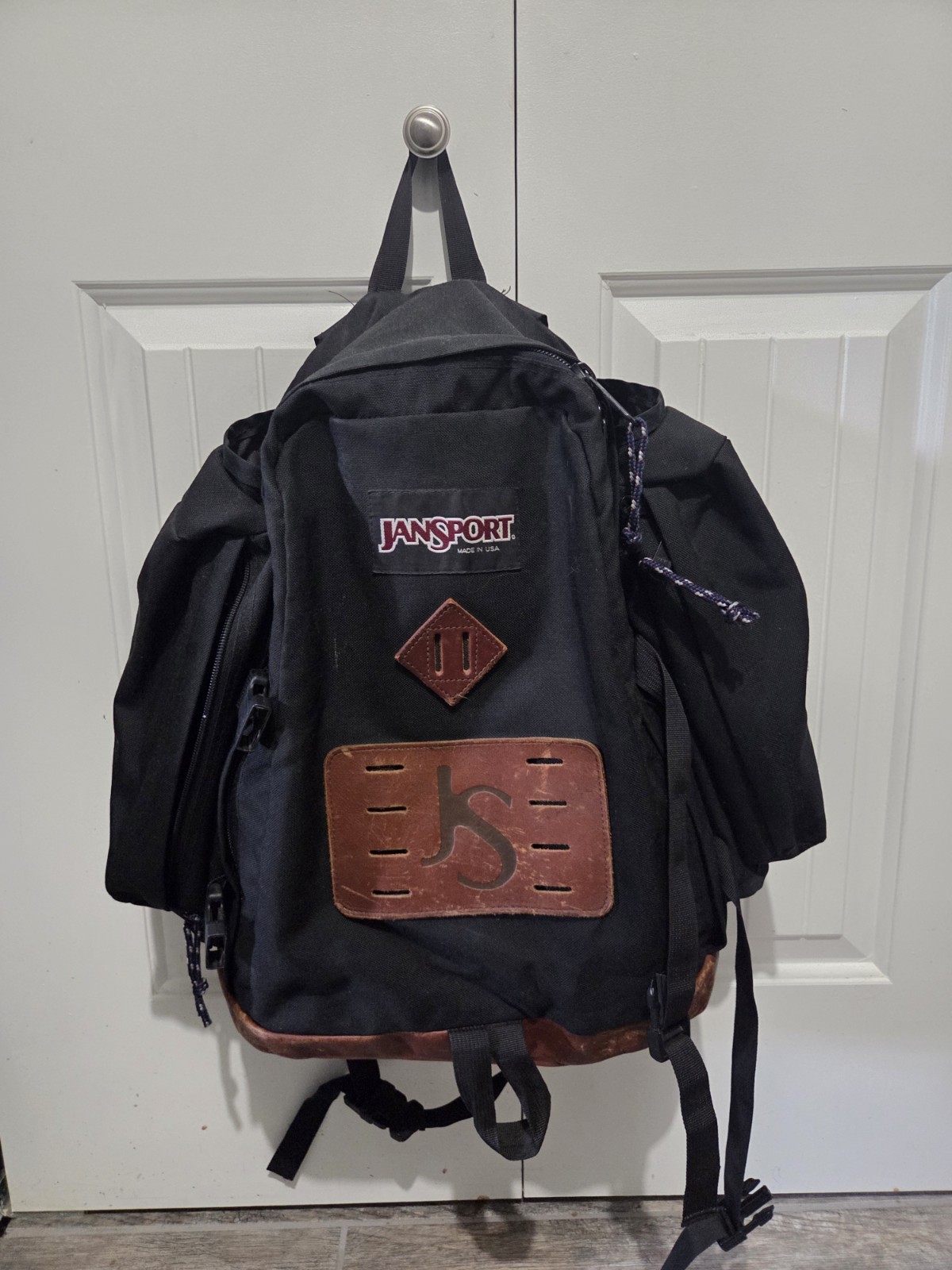 RARE Jansport Daypack Leather Bottom Rucksack Vintage 90s Black Made In USA