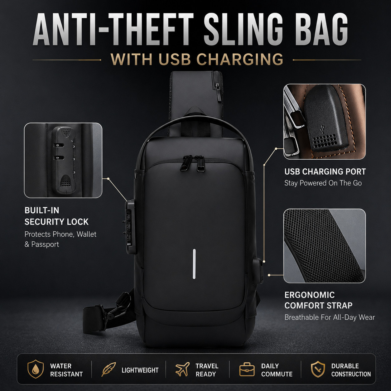 Anti-Theft Sling Bag Men USB Charging Waterproof Nylon Crossbody Chest Travel
