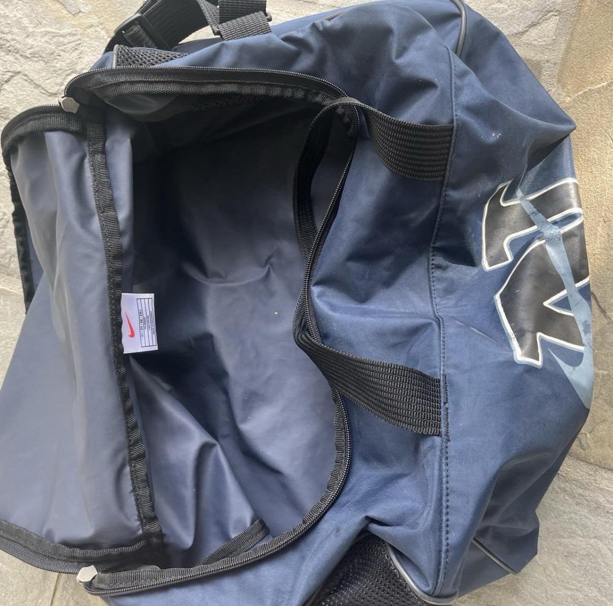 Vintage 90s Nike Duffle Gym Bag Navy Blue Adjustable Strap Spell Out Swoosh