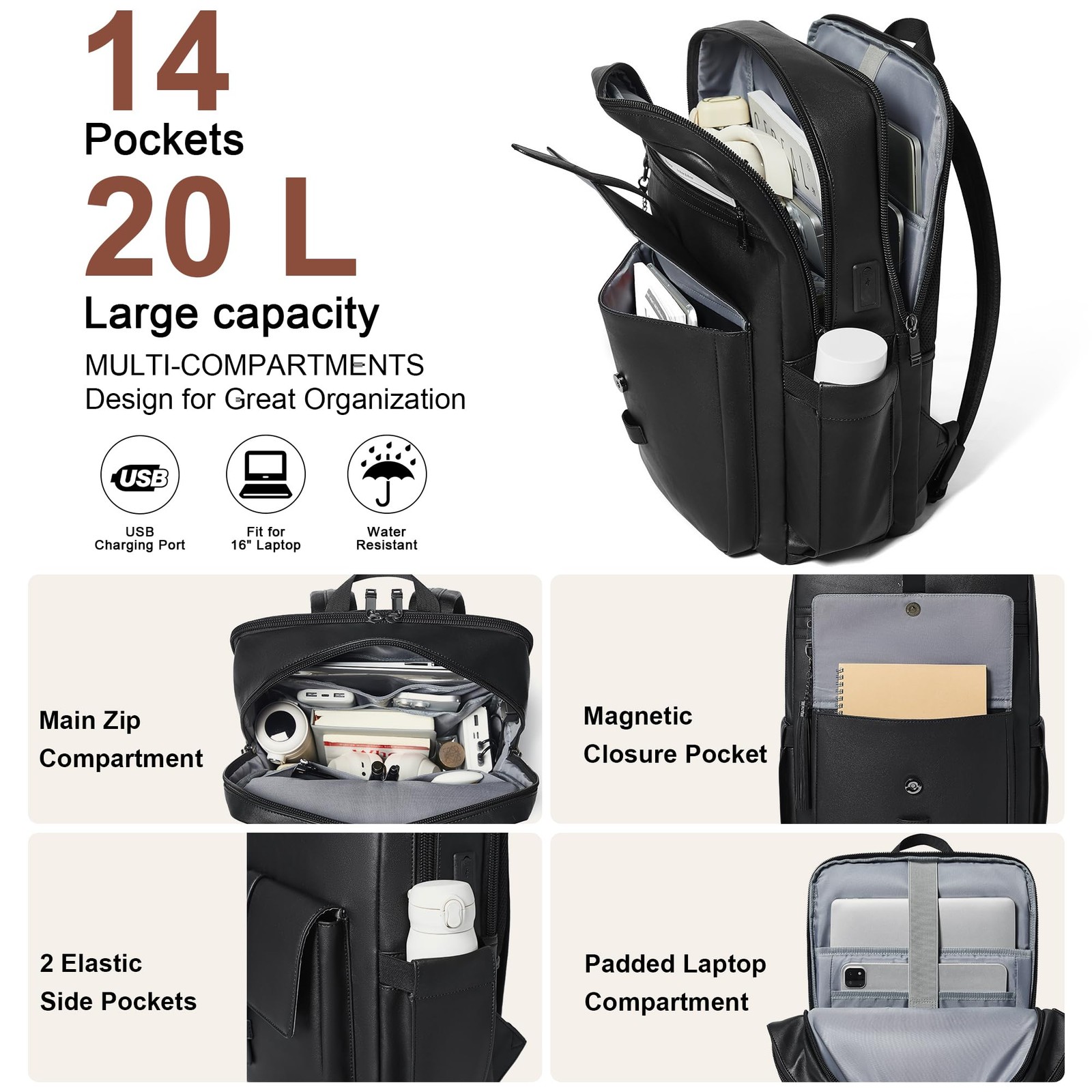 16 inch Vegan Leather Laptop Backpack with USB Charger,Smart Computer Backpac…
