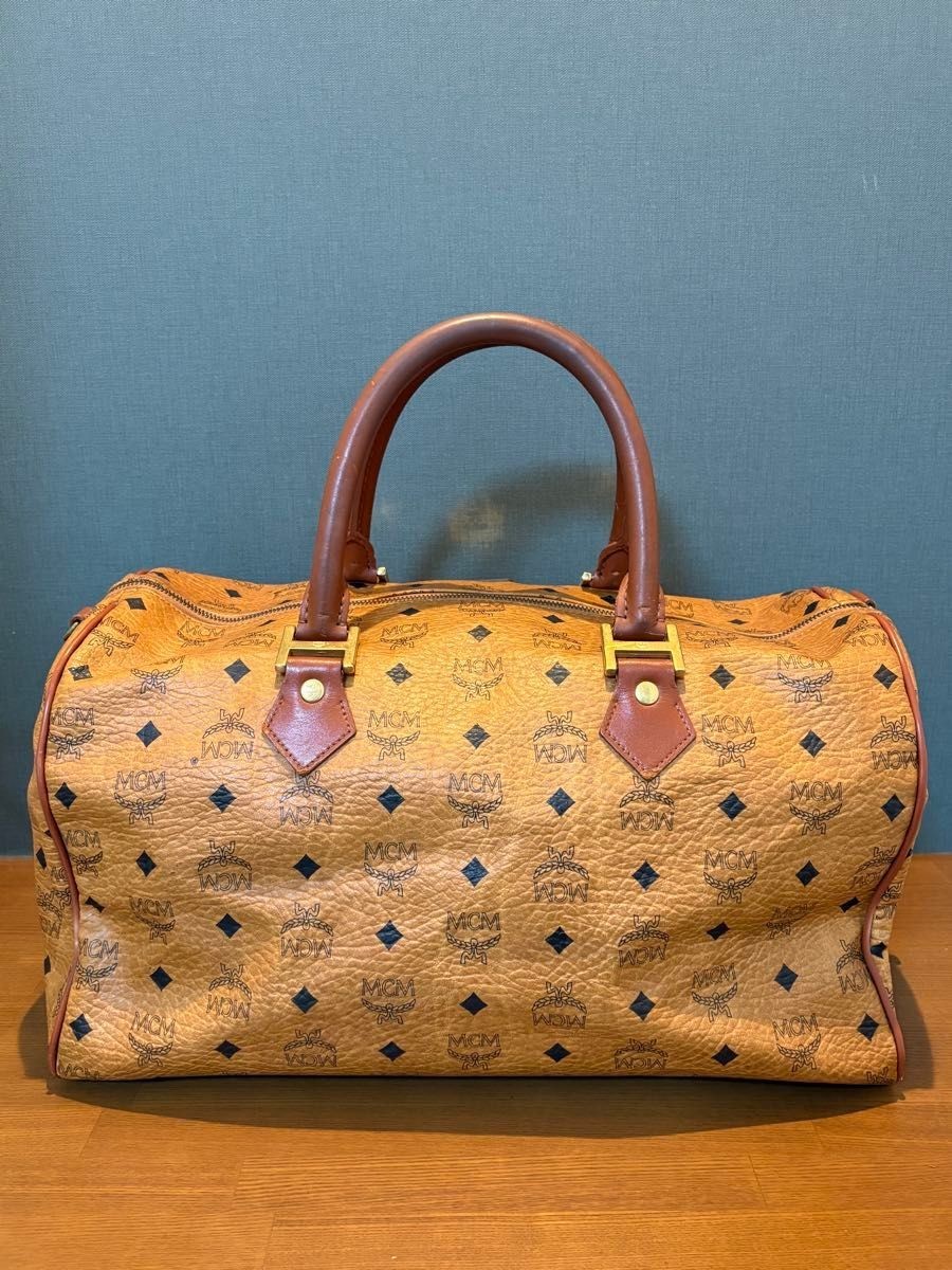 MCM Authentic Visetos Leather Handbag Brown Boston Bag Gold Logo Double Handle