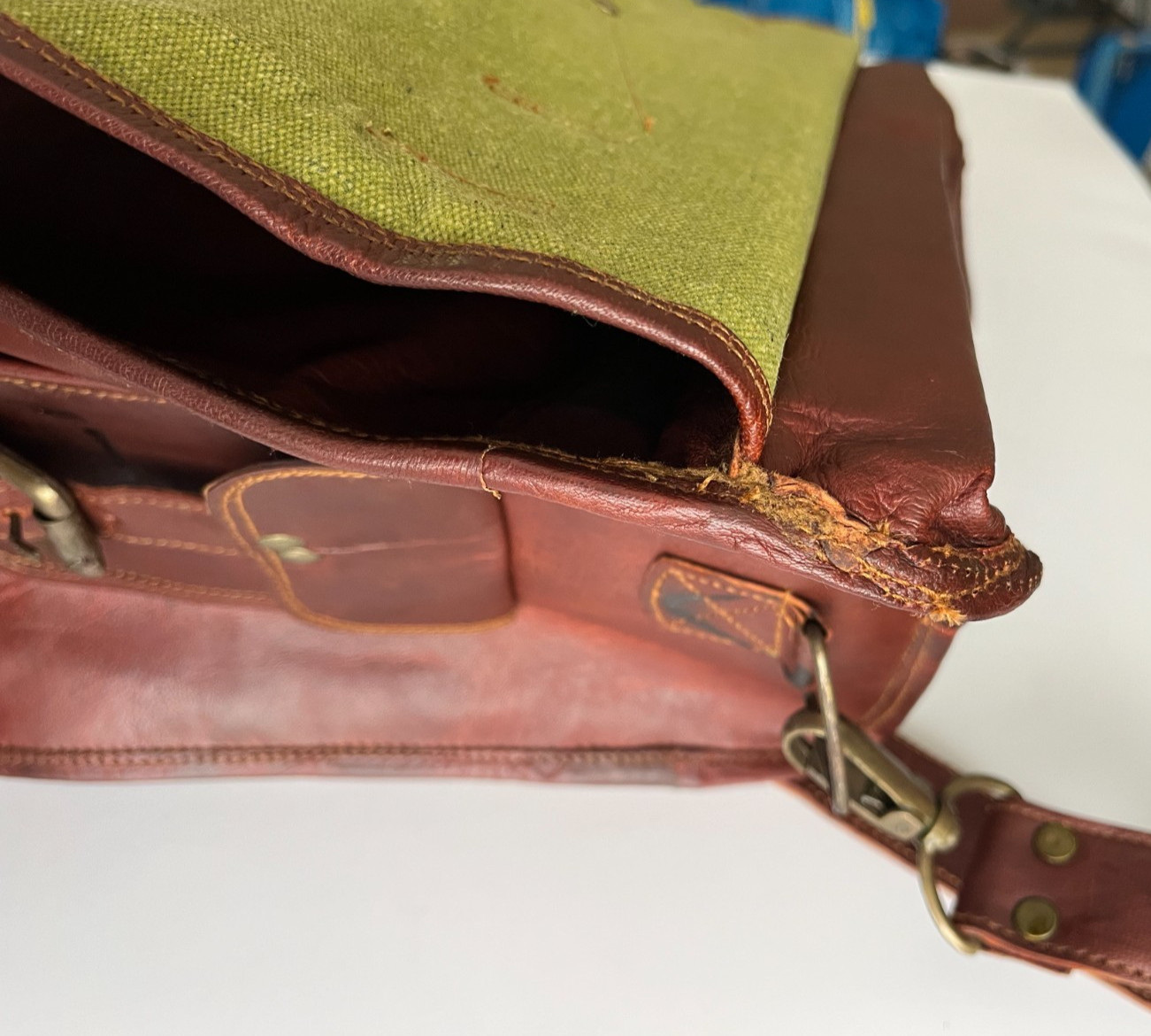 Large Brown Leather Messenger Bag with Buckled Pockets & Zip Top, Made in India