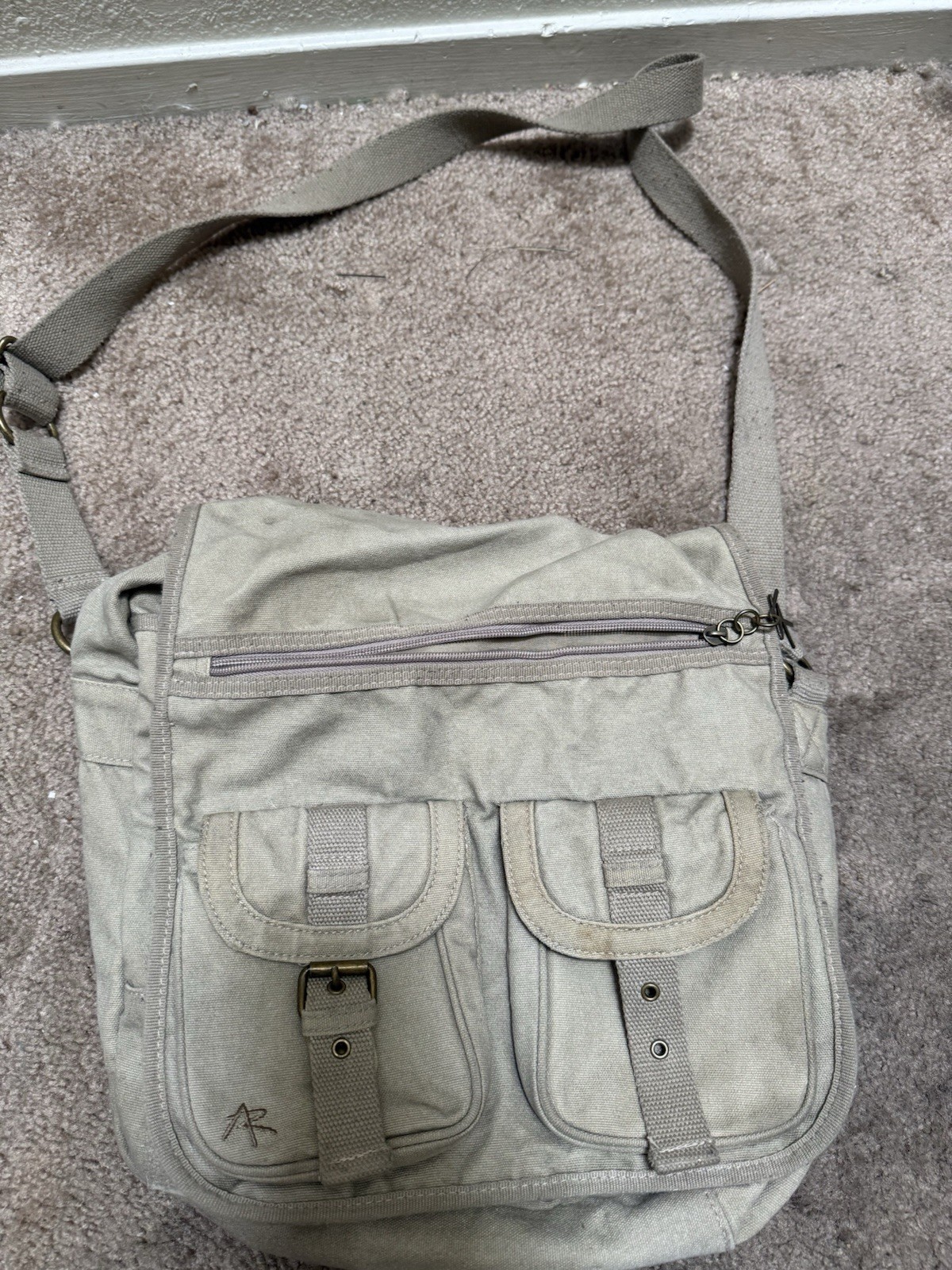 Beige Medium Messenger Shoulder Bag Zip & Buckle Outer Pockets Adjustable Strap