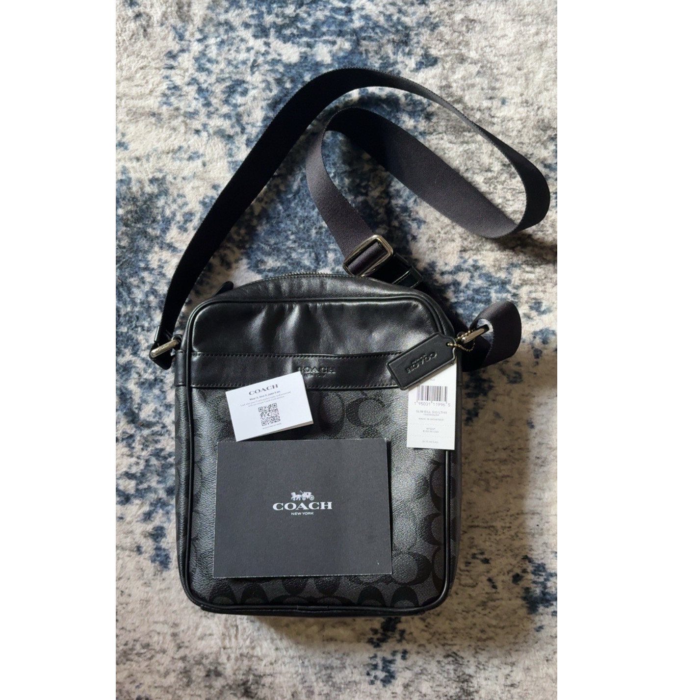 Coach Black Logo Print Crossbody Bag Zip Closure Men Cross-Body Strap