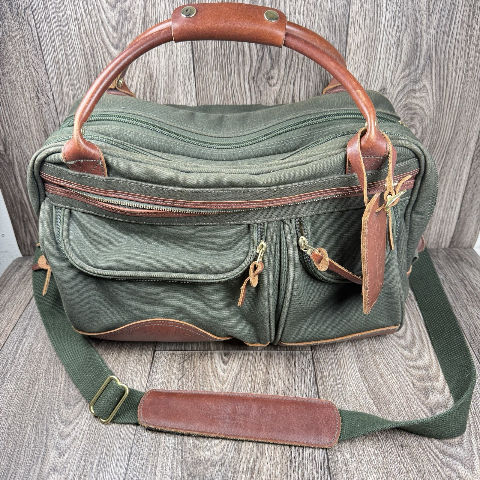 Orvis Duffle Bag Green Canvas & Brown Leather Multiple Pockets Shoulder Strap
