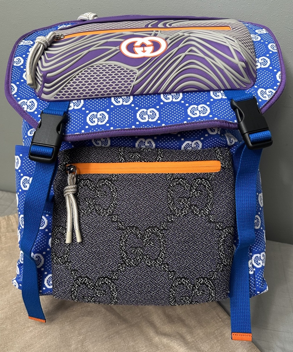 Gucci GG Allover Jersey Backpack w/ Detachable Front Panel Blue/Purple Authentic
