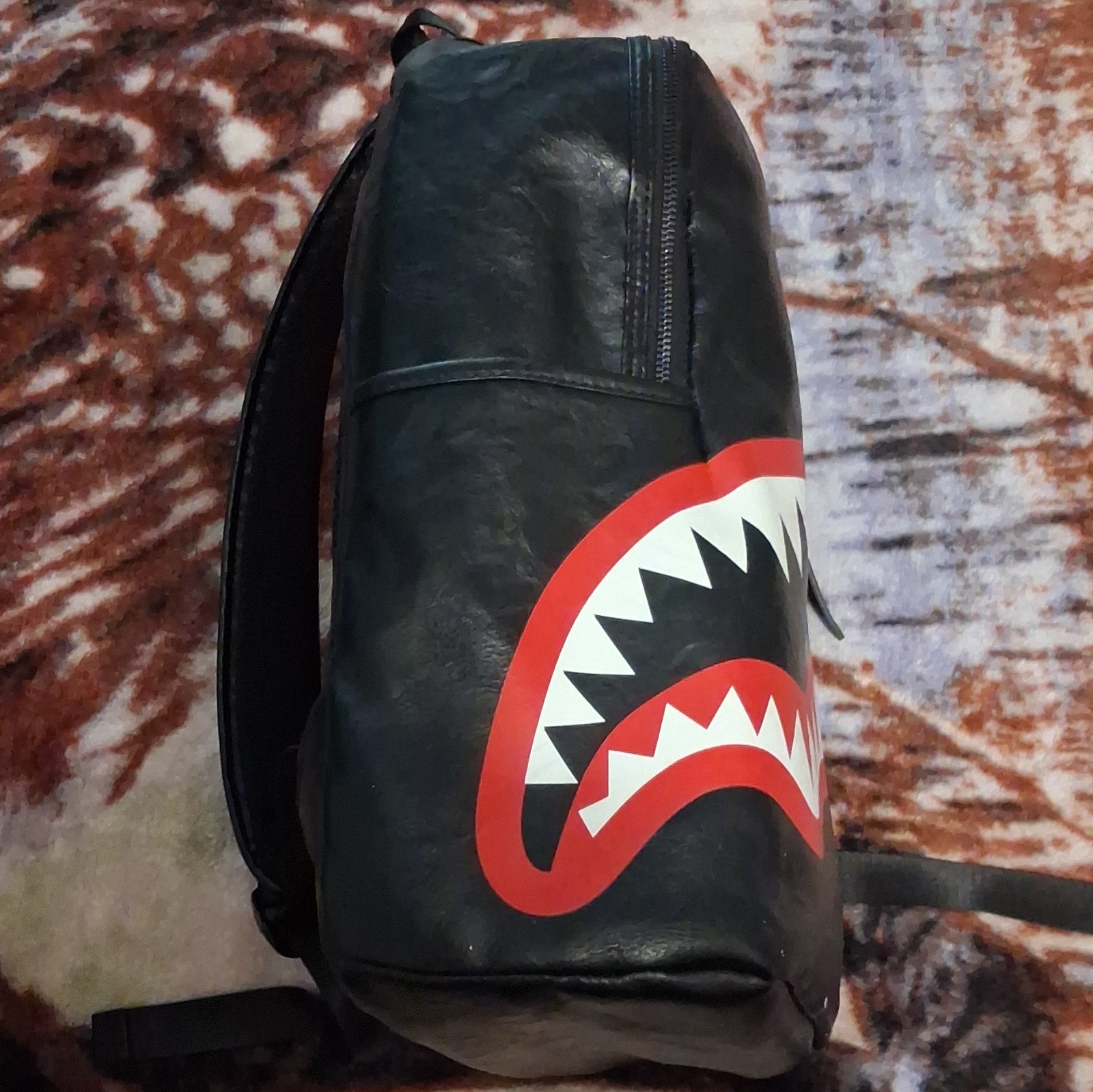 Shark Mouth Graphic Print Backpack Black Red White Zip Adjustable Straps