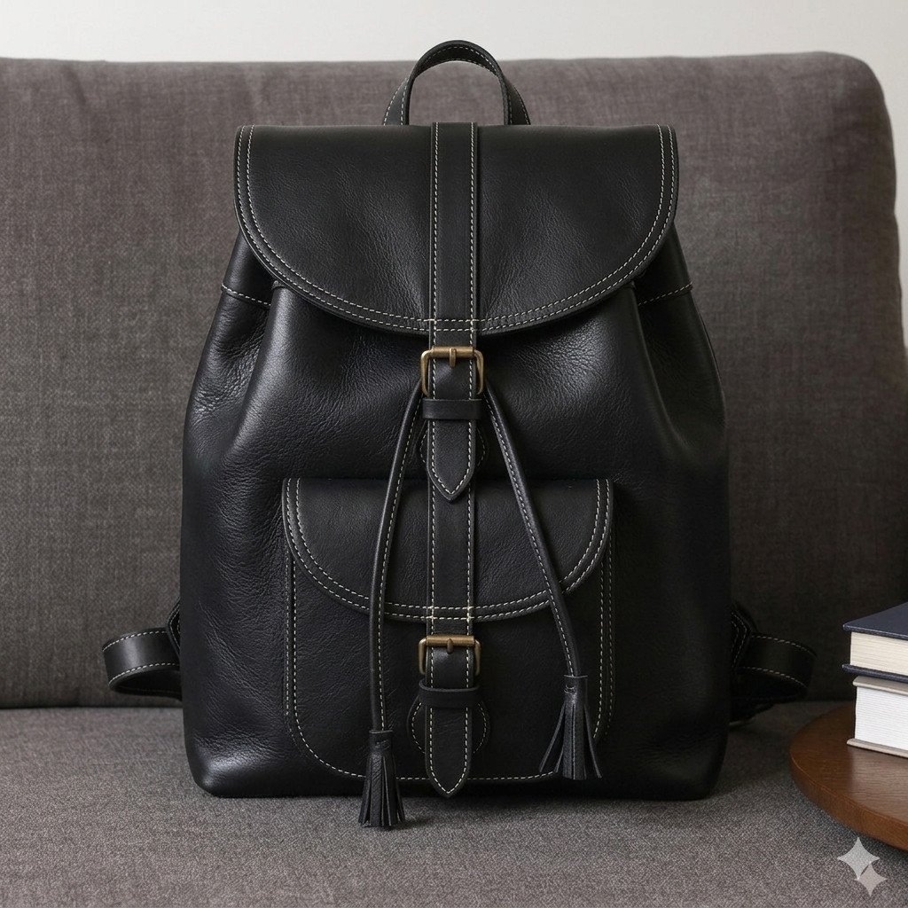 Genuine Cow Black leather Backpack Daypack Rucksack Shoulder Travel College Bag