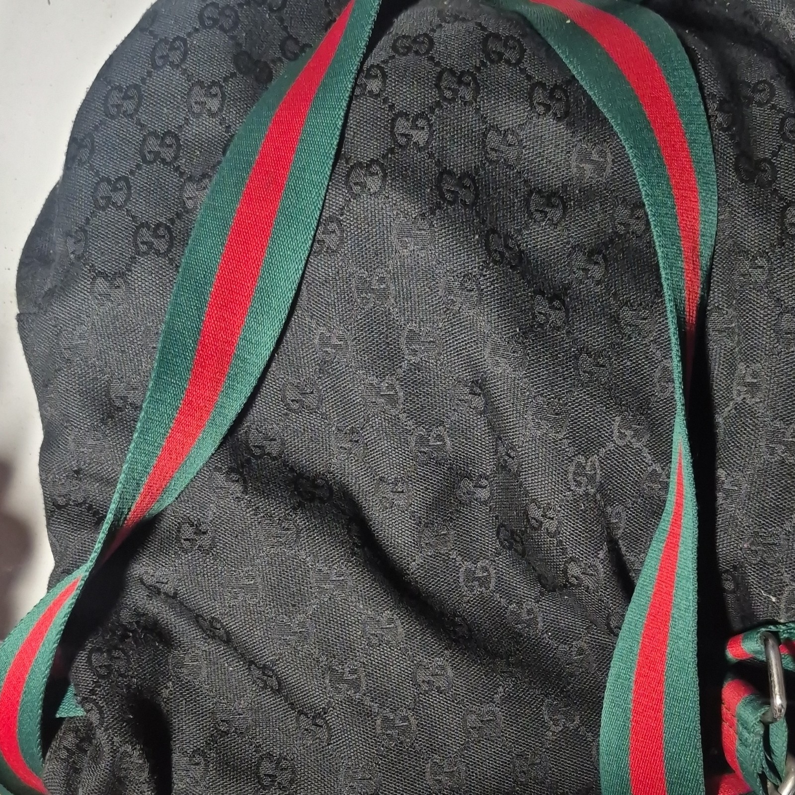 Gucci Black Logo Monogram Backpack Zip Closure Green Red Stripe Shoulder Strap