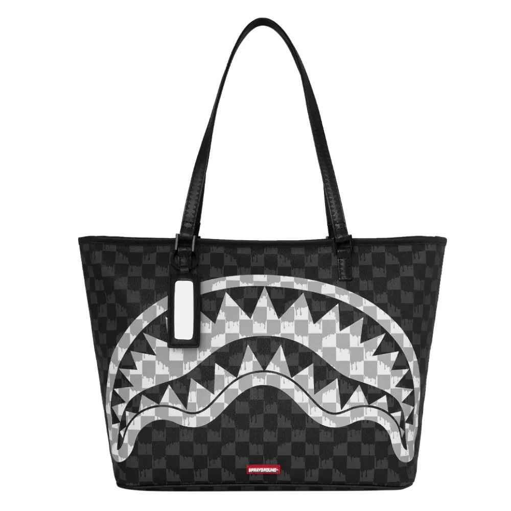 Sprayground Black And White Drip Check Shark Tote T9346