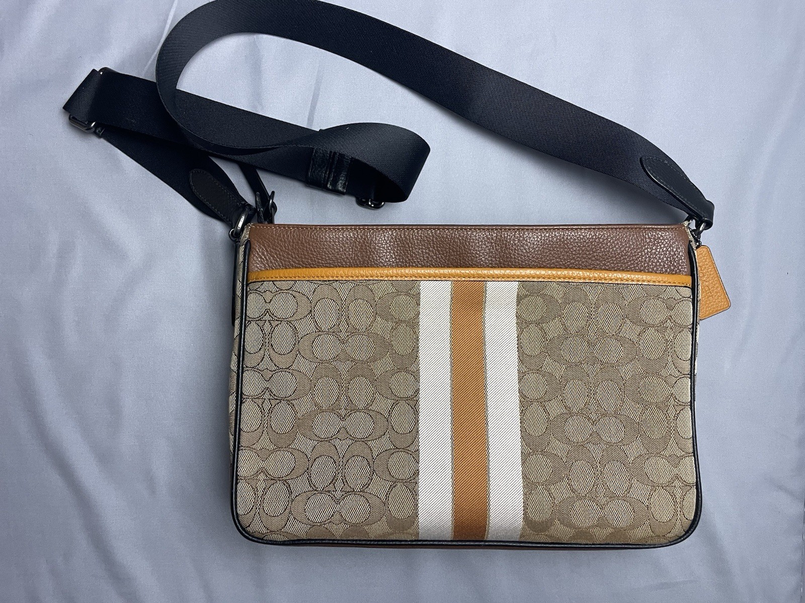 Coach C5291 Thompson Center Stripe Crossbody Brown Signature Jacquard Leather