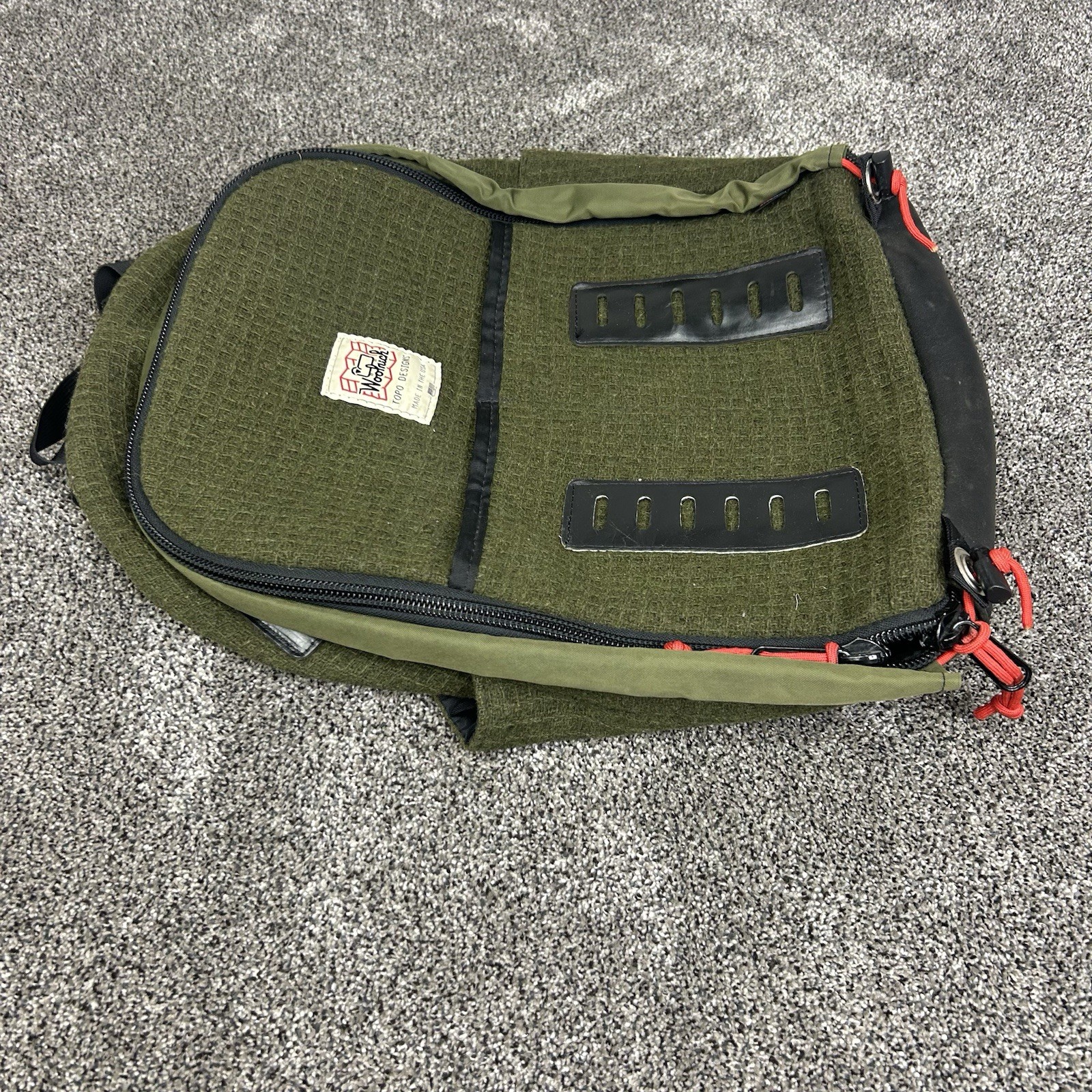 Woolrich Backpack- Vintage-canvas TOPO Design Green Wool Blend Mens 4057 Zip