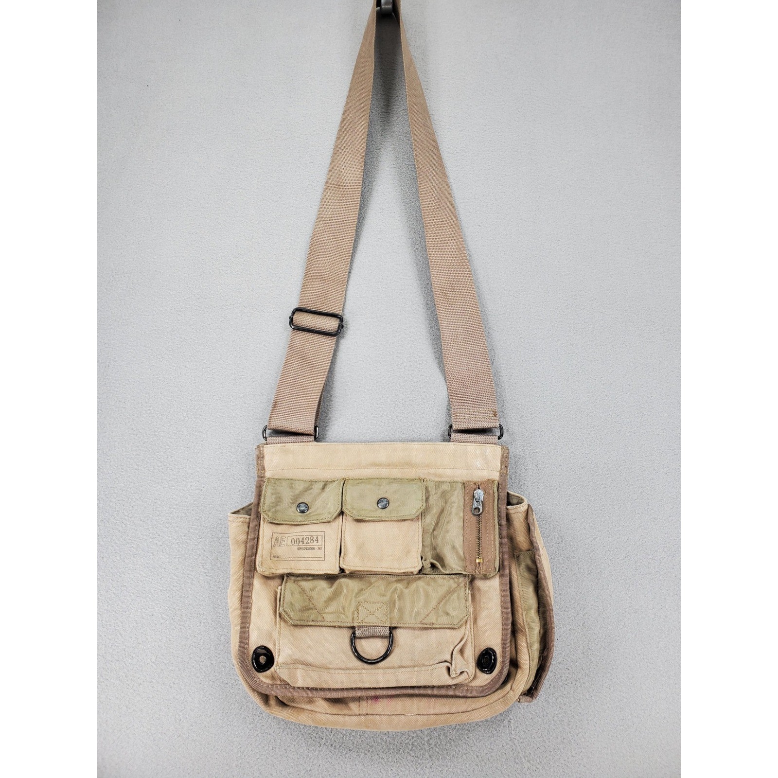 American Eagle Messenger Bag Khaki Canvas Military Utility Multi Pocket VTG Army