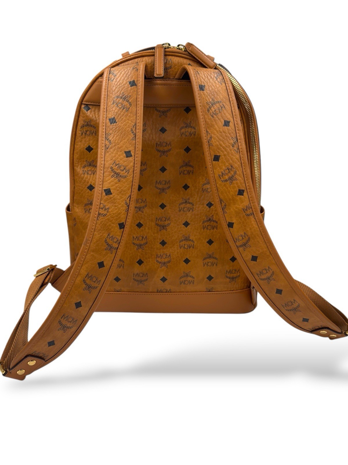 Authentic MCM Stark Visetos Cognac Medium Backpack Gold Hardware Brown