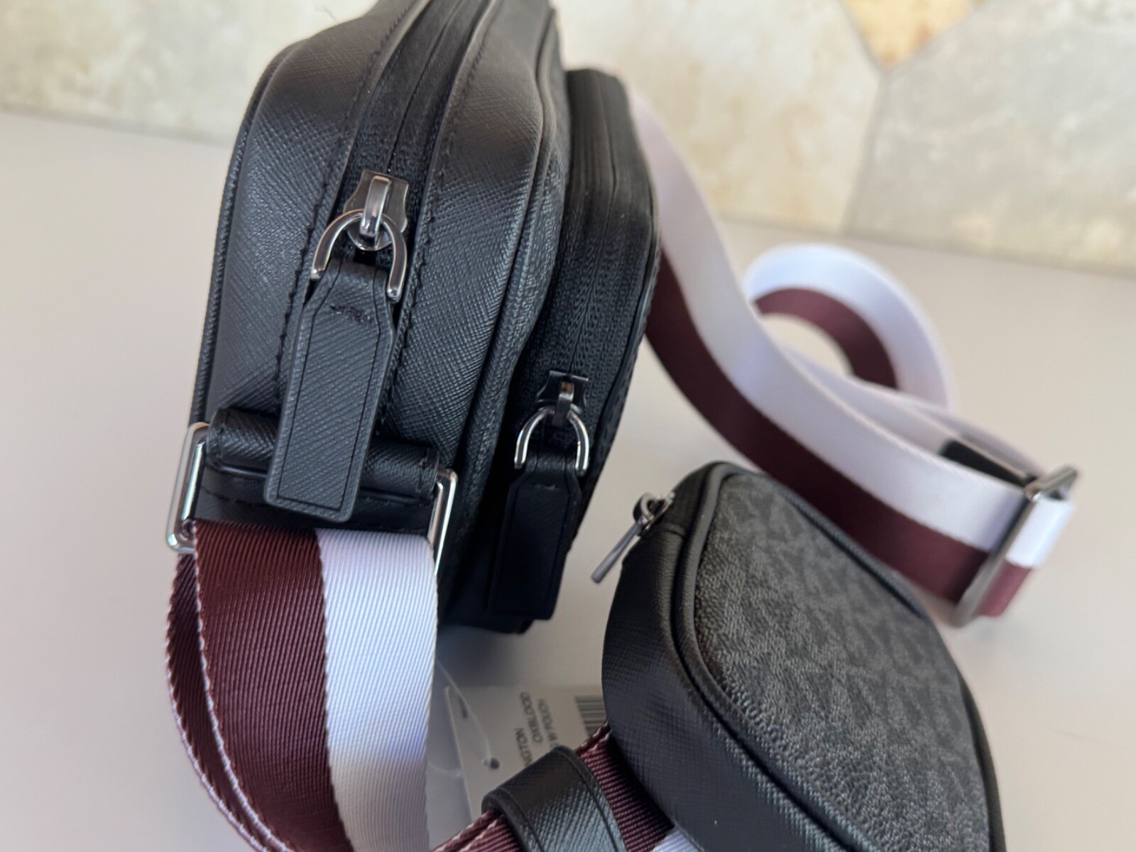 MICHAEL KORS RIVINGTON STRIPED CROSSBODY CAMERA BAG WITH POUCH OXBLOOD