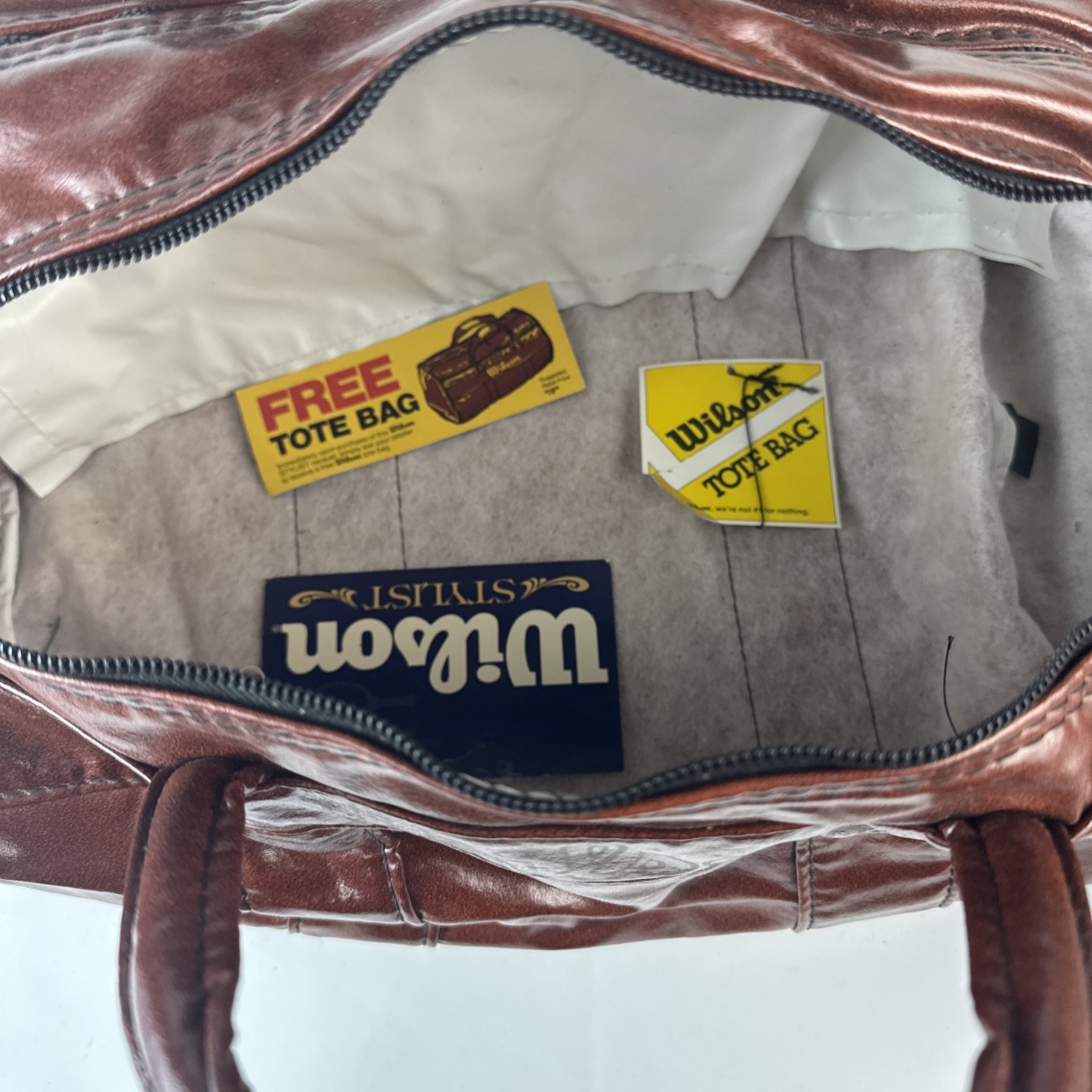 Wilson Vintage Spellout Duffle Bag Logo Red Brown Gold Faux Leather Gym Travel