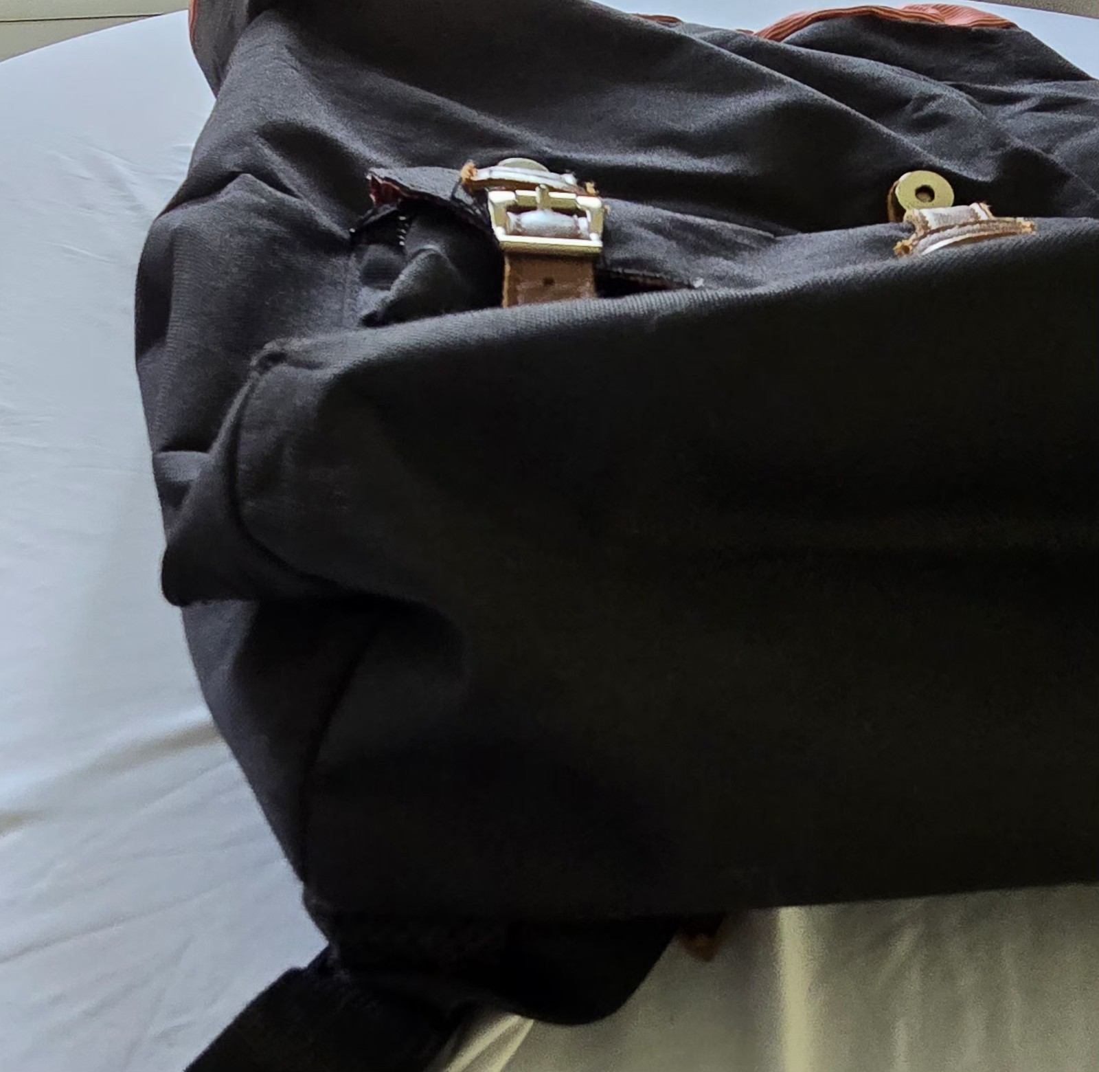 Herschel Backpack Black, Brown Straps, Red/White Striped Interior Large Flap Bag