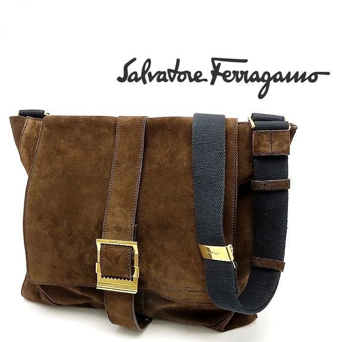 Salvatore Ferragamo Messenger Bag Shoulder Suede Belt Brown Vintage 38x30x13cm