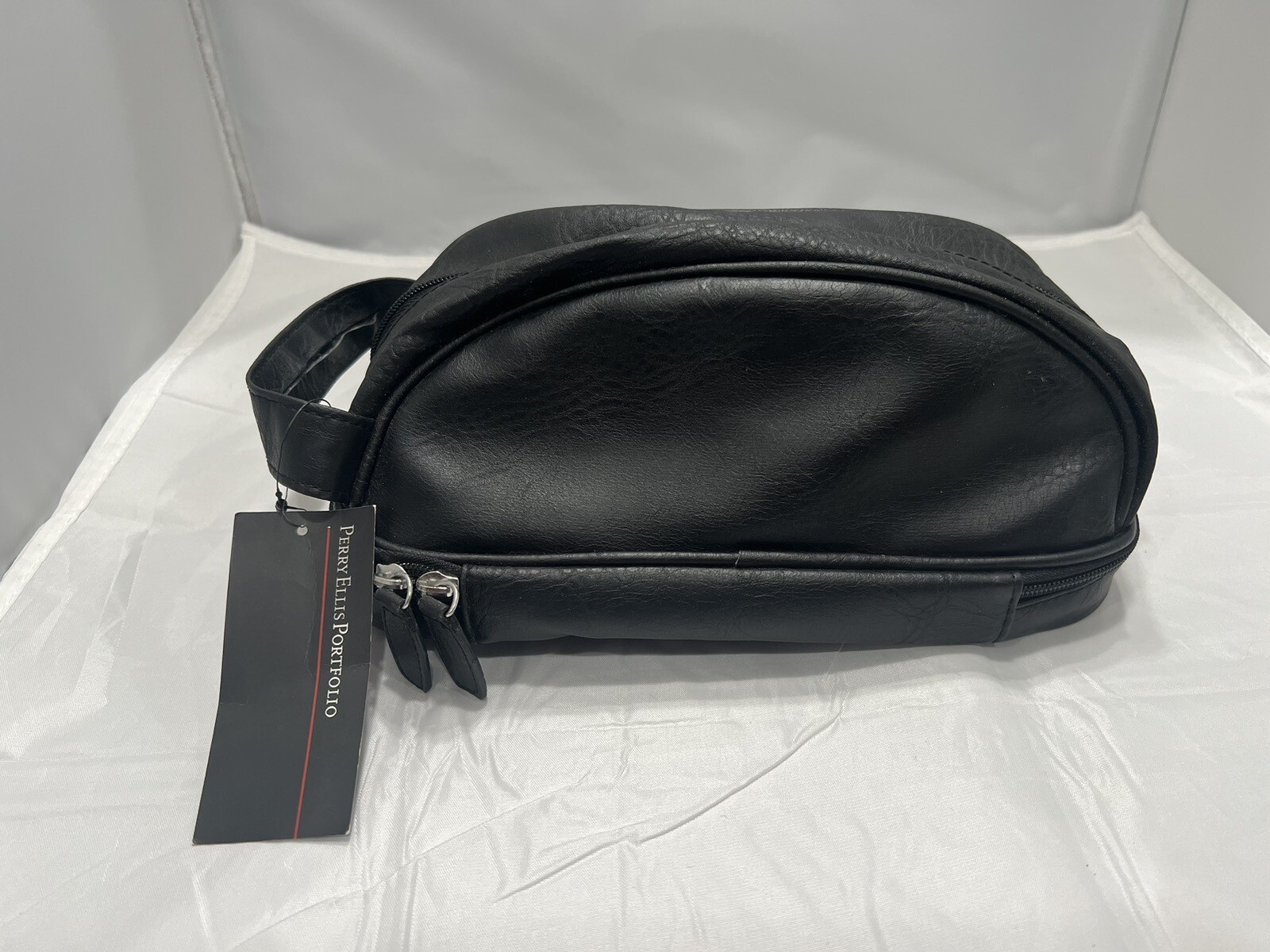 Perry Ellis Portfolio~Men’s Black Faux Leather Travel Kit Toiletry Bag W/Handle