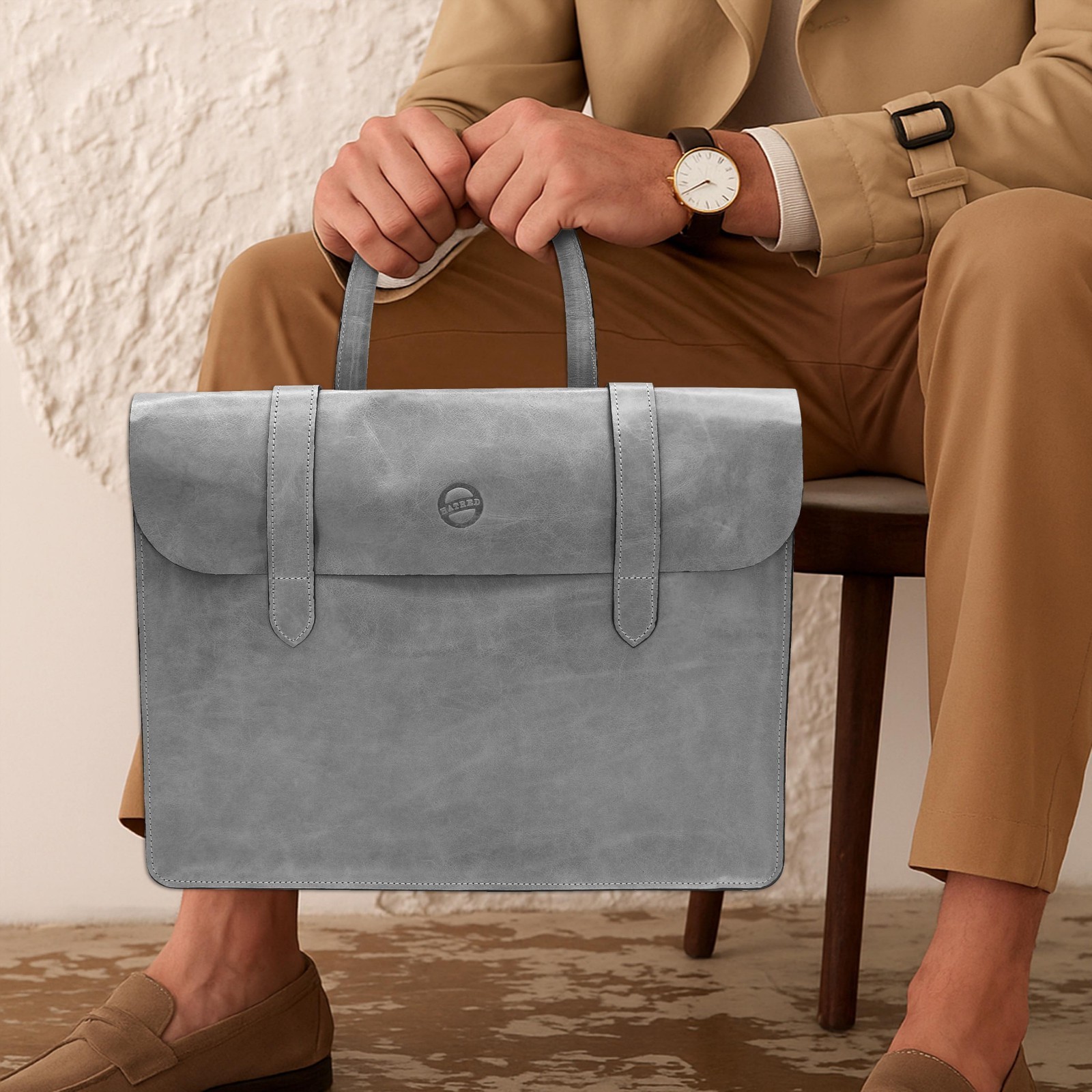 Document iPad Handmade Music Bag Grey Genuine Leather Unisex Messenger Briefcase