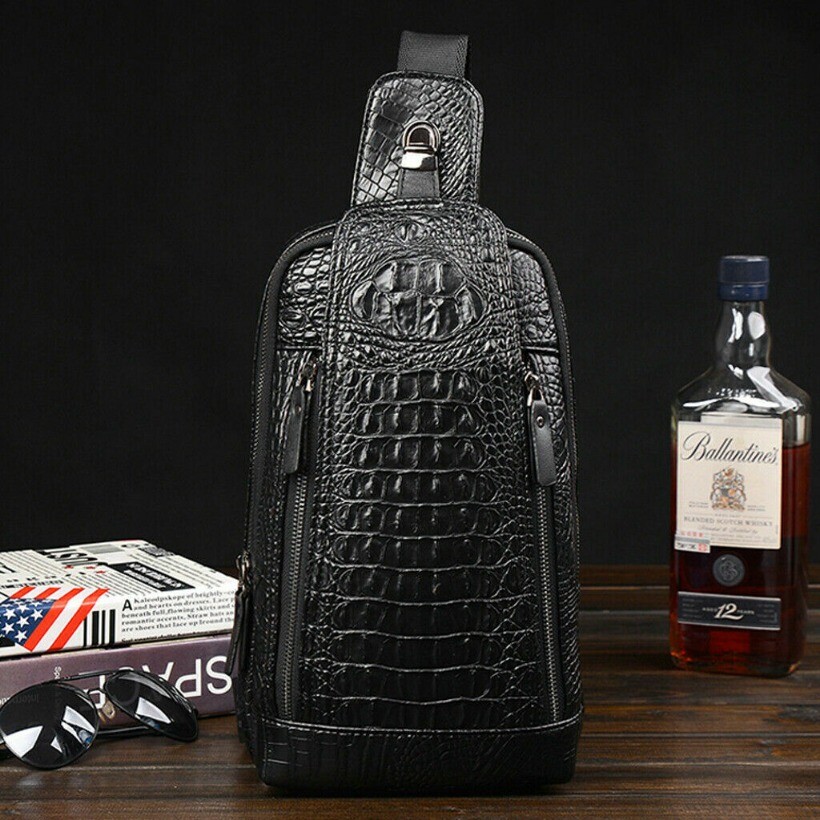 Mens Luxury Leather Crocodile Pattern Chest Bag Backpack Crossbody Travel Bag