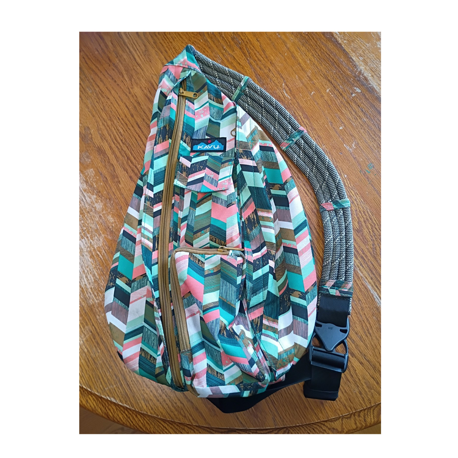 KAVU Rope Sling Crossbody Bag Multicolor Geometric, Zip Buckle, Adjustable