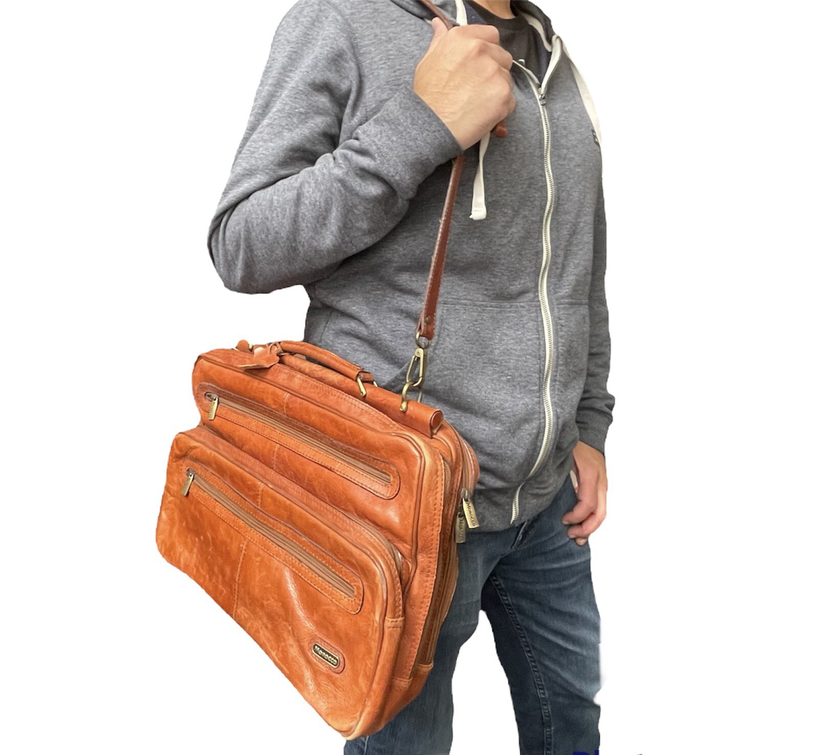 Vintage Morocco Brown Leather Shoulder Messenger Briefcase Bag