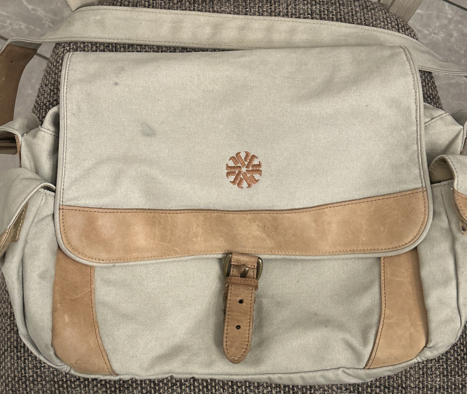 100% Cotton LL Bean Canvas Leather Cross Body Utilitarian Messenger Tote Bag