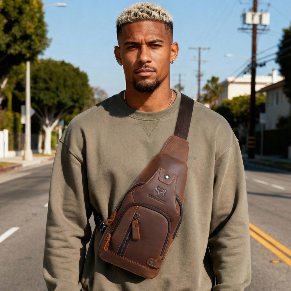 LEBULLBRO Men’s Genuine Leather Chest Bag Sling Backpack Crossbody Shoulder Bag