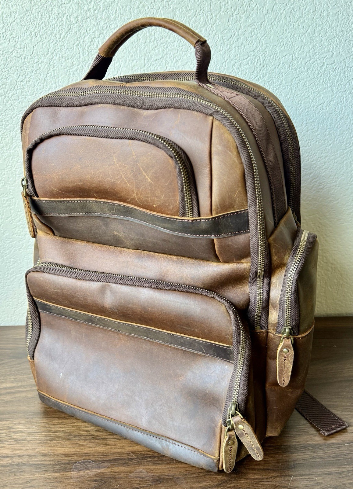 Tiding Leather Two Tone Leather Backpack Brown With Charging Laptop Bag