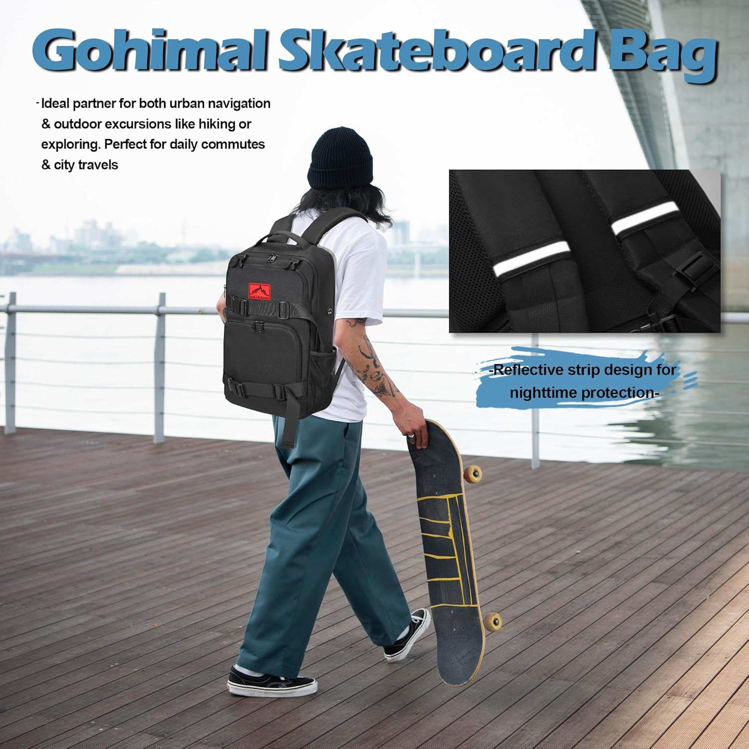 Multi-Sport Skateboard Backpack with Laptop Compartment for Men & Women