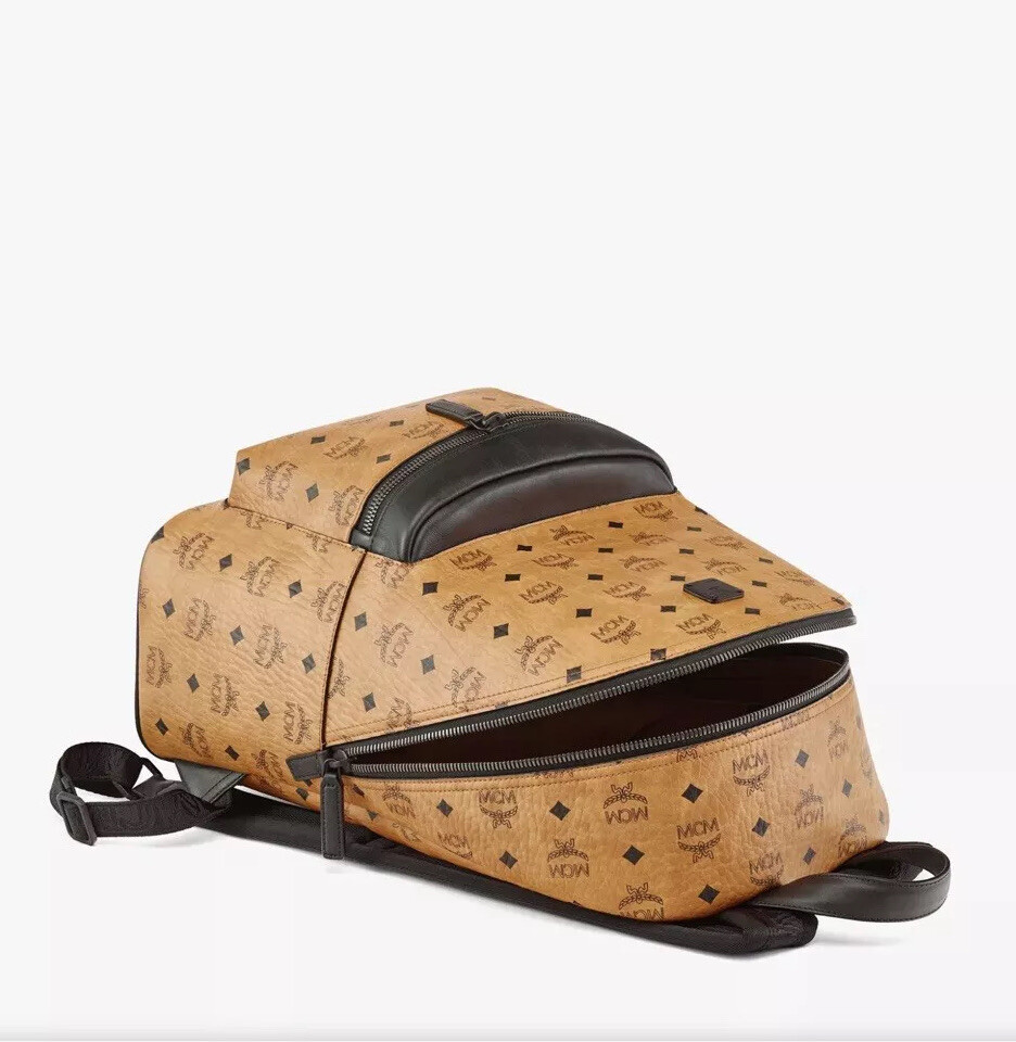 MCM Men’s Logo Monogram Medium Leather Backpack NWT Cognac