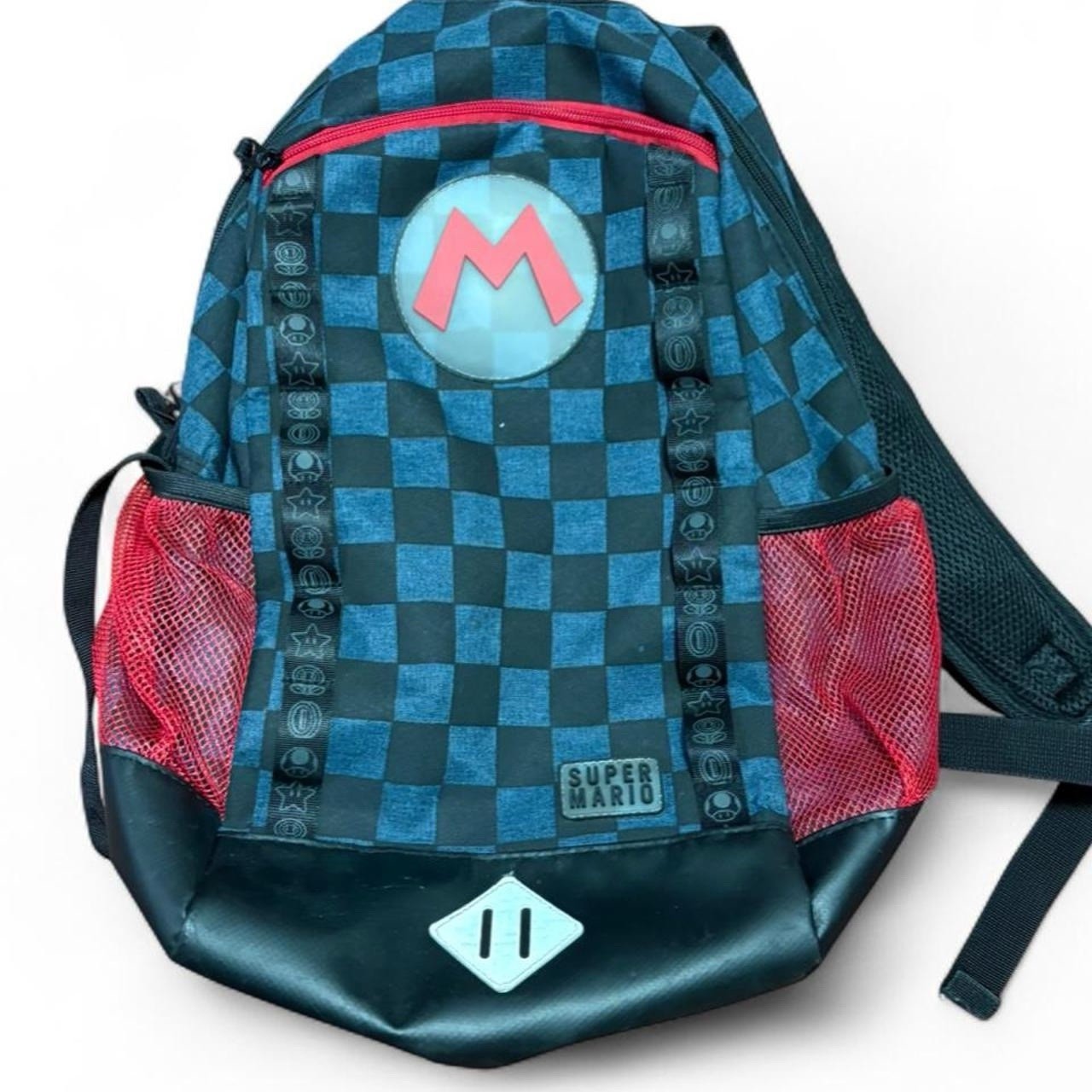 Nintendo Super Mario Backpack Blue/Black Checkered, Red Mesh Pockets, Adjustable