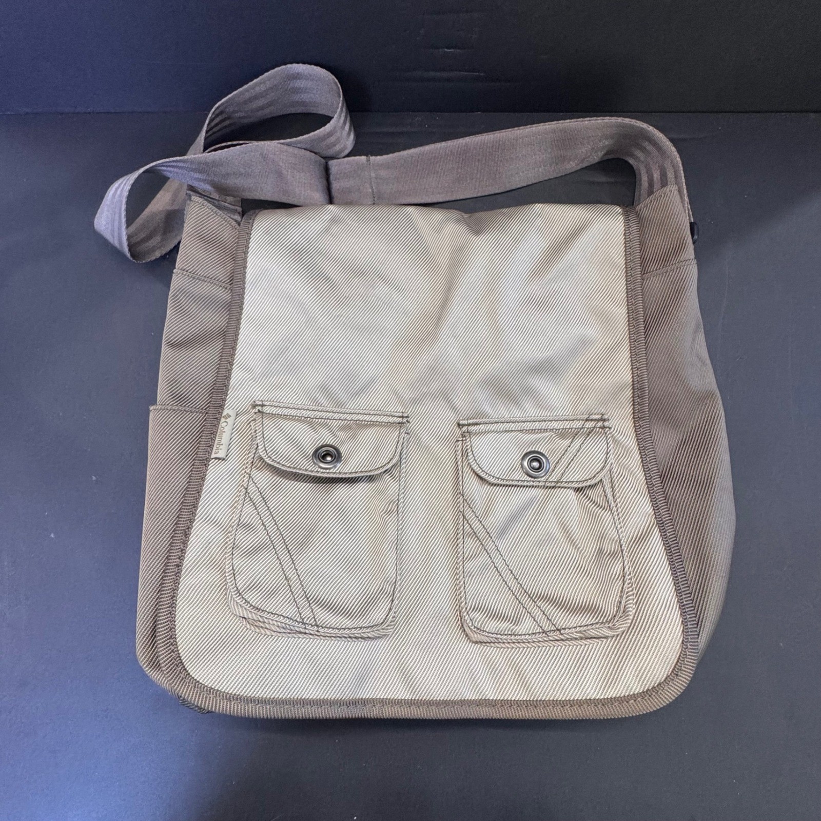 Columbia Messenger Bag Tan Brown Nylon Crossbody Flap Utility Pockets Travel Bag