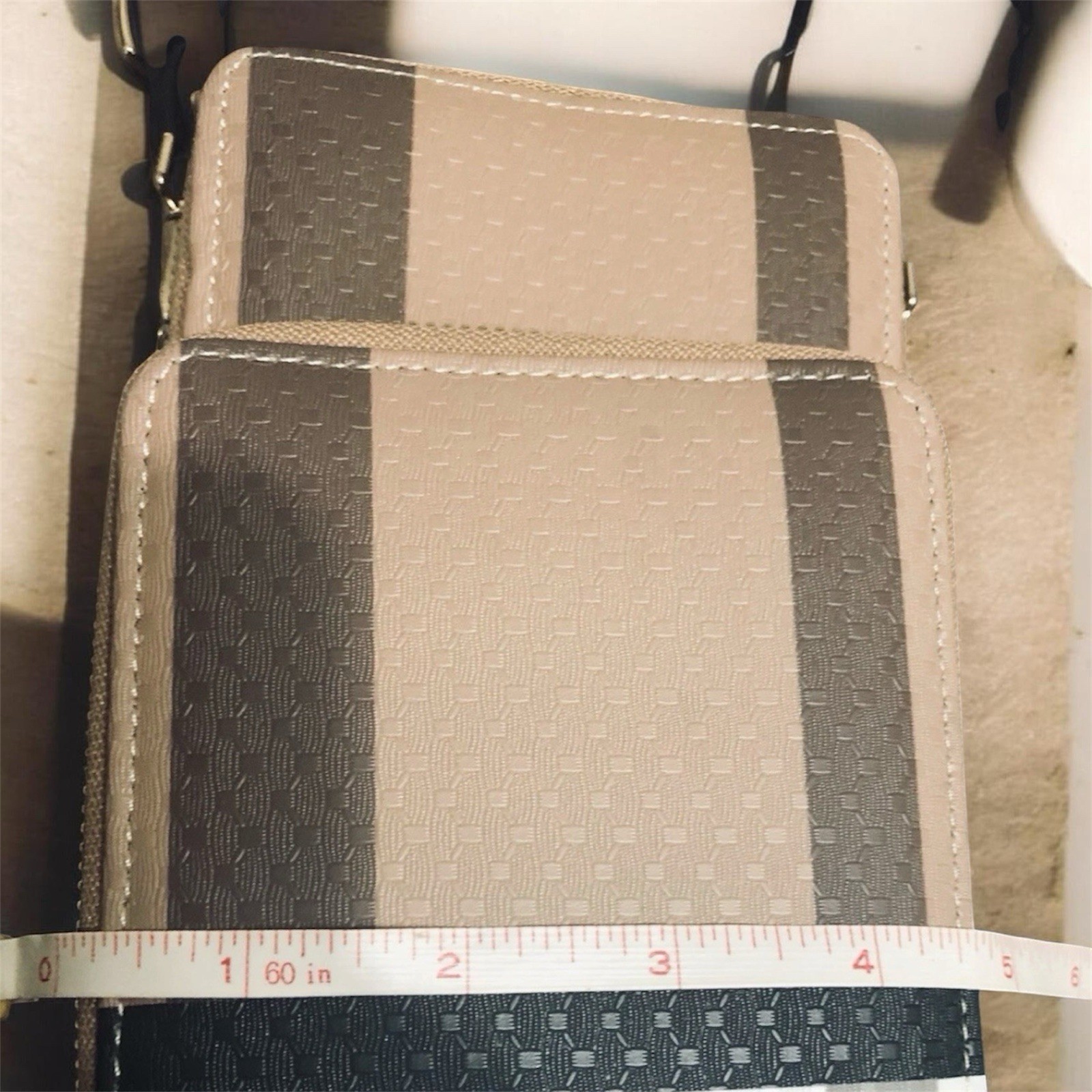 Beige & Black Striped Crossbody Bag, Zip Closure, Adjustable Strap