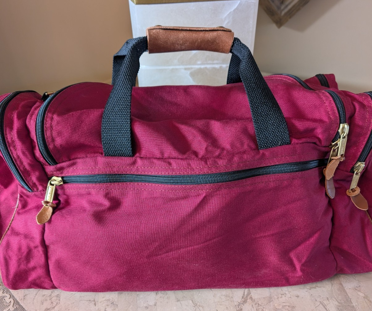 Vintage LLBean Canvas/Leather Red Canvas Shoulder Handle Travel Duffle Bag 24″
