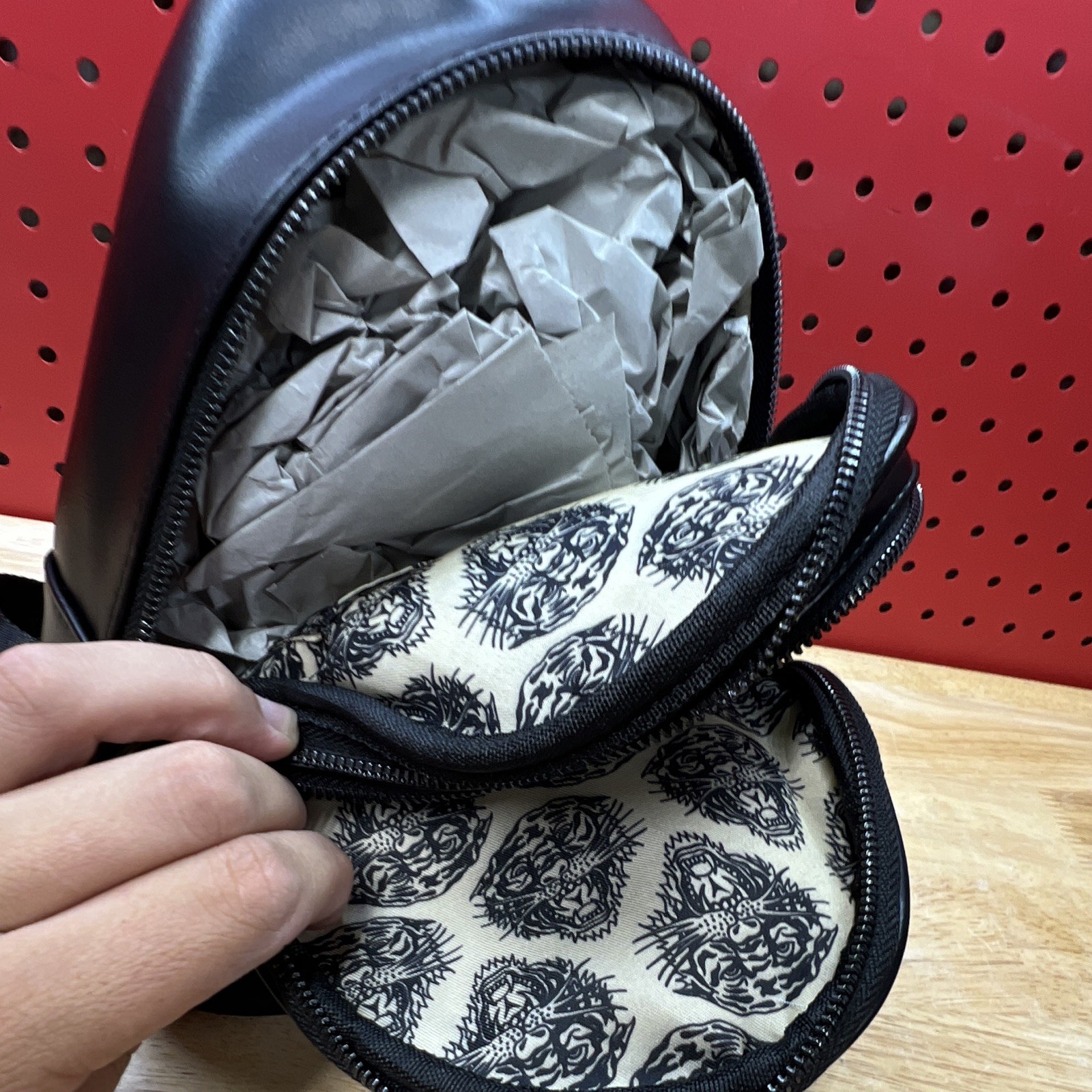 Ed Hardy Black Tiger Embossed Crossbody Bag, Small, Zip, Adjustable Strap