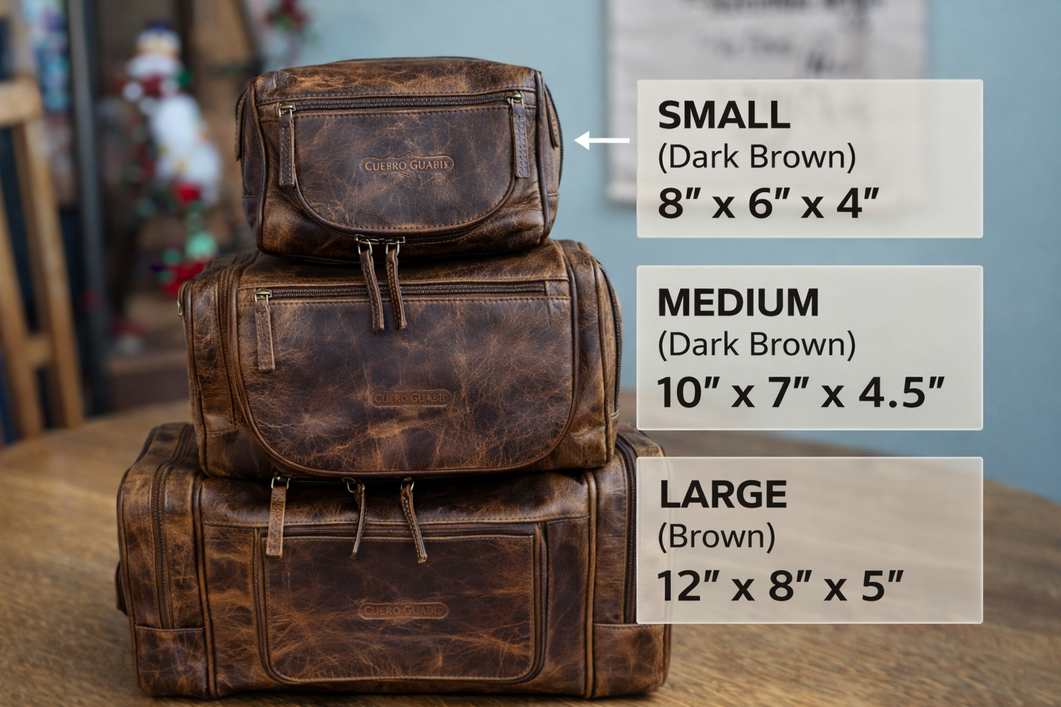 Medium size Grain Leather Dopp Kit Shaving Toiletry Travel Bag Dark Brown