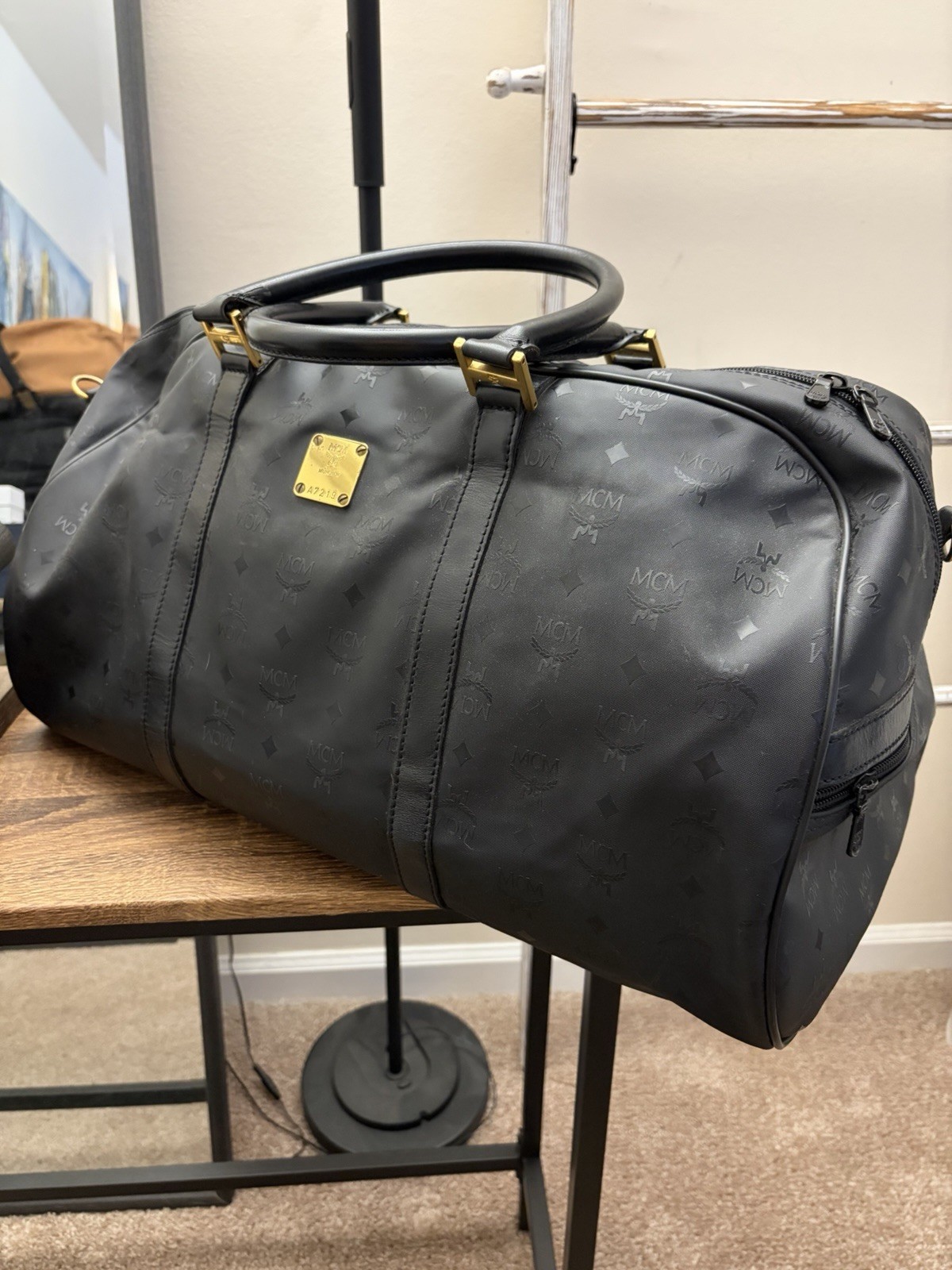 Vintage MCM Germany Visetos Black Leather Coated Large Duffle Boston Travel Bag