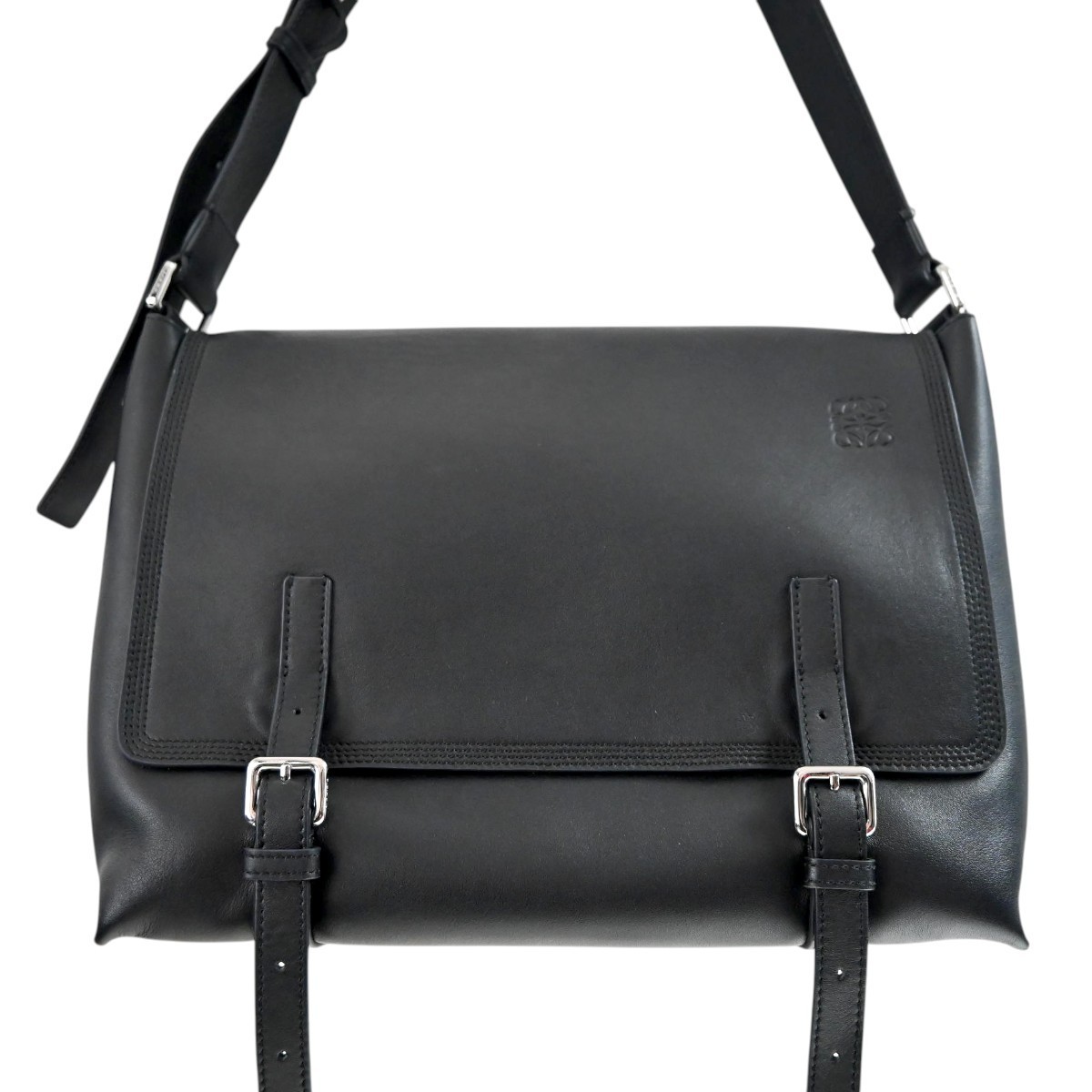 LOEWE Anagram Logo Leather Messenger Shoulder Bag, Black, T2606-k145