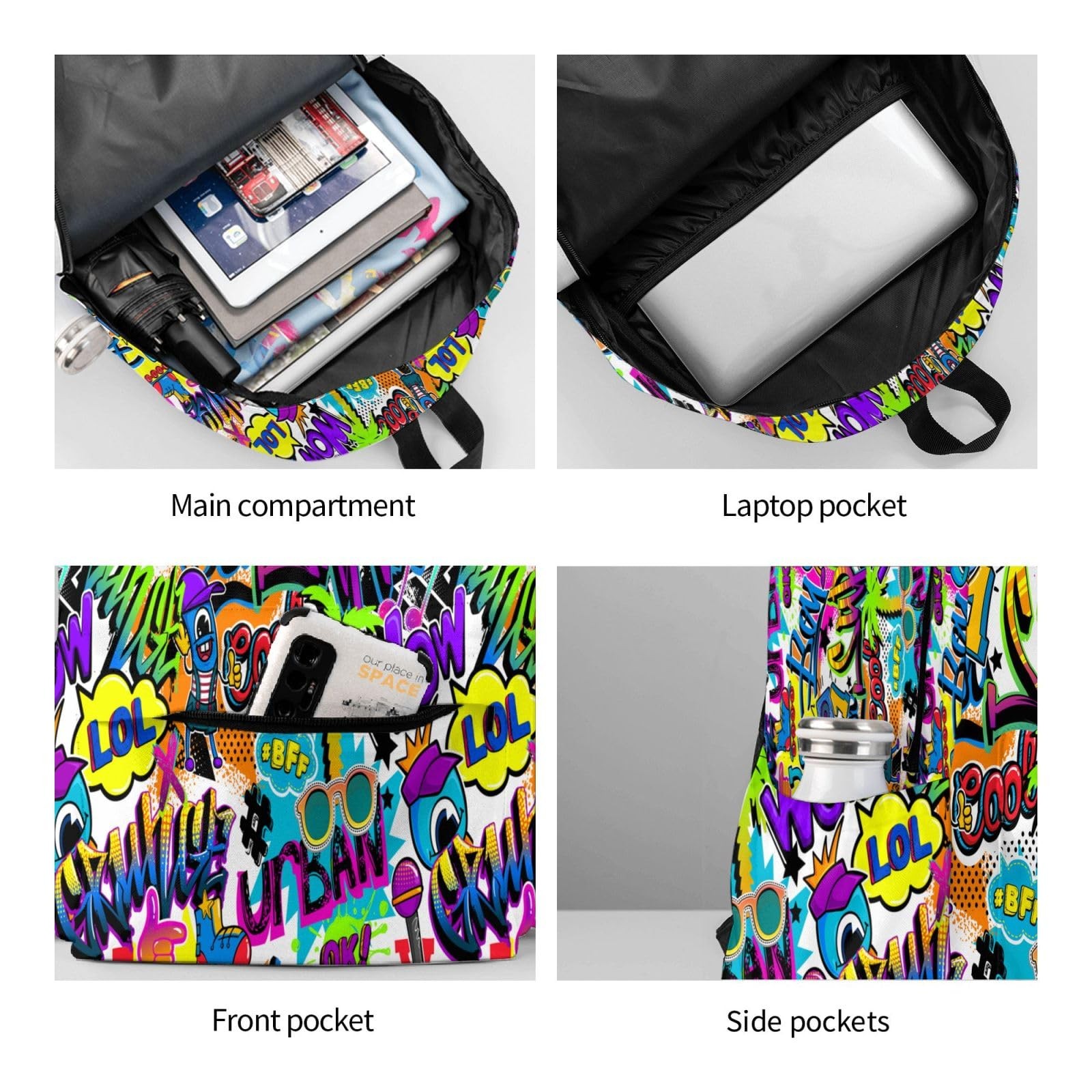 Black Blue Graffiti Multipurpose School Bag Bookbag for Teenage Boys Girls Da…