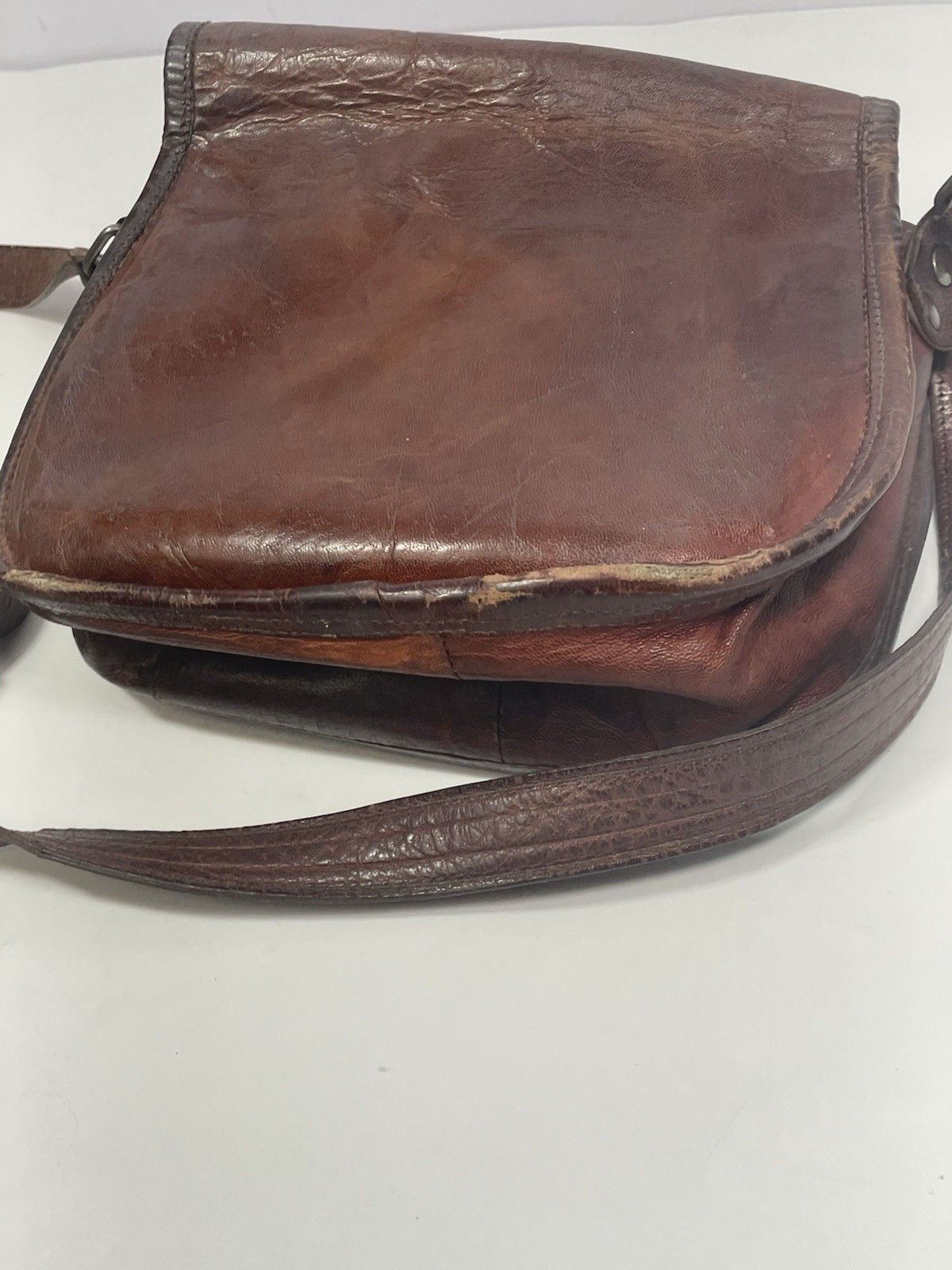 Vintage Leather Messenger Bag TTK Shoulder Strap Brown Zipper & Button Closure
