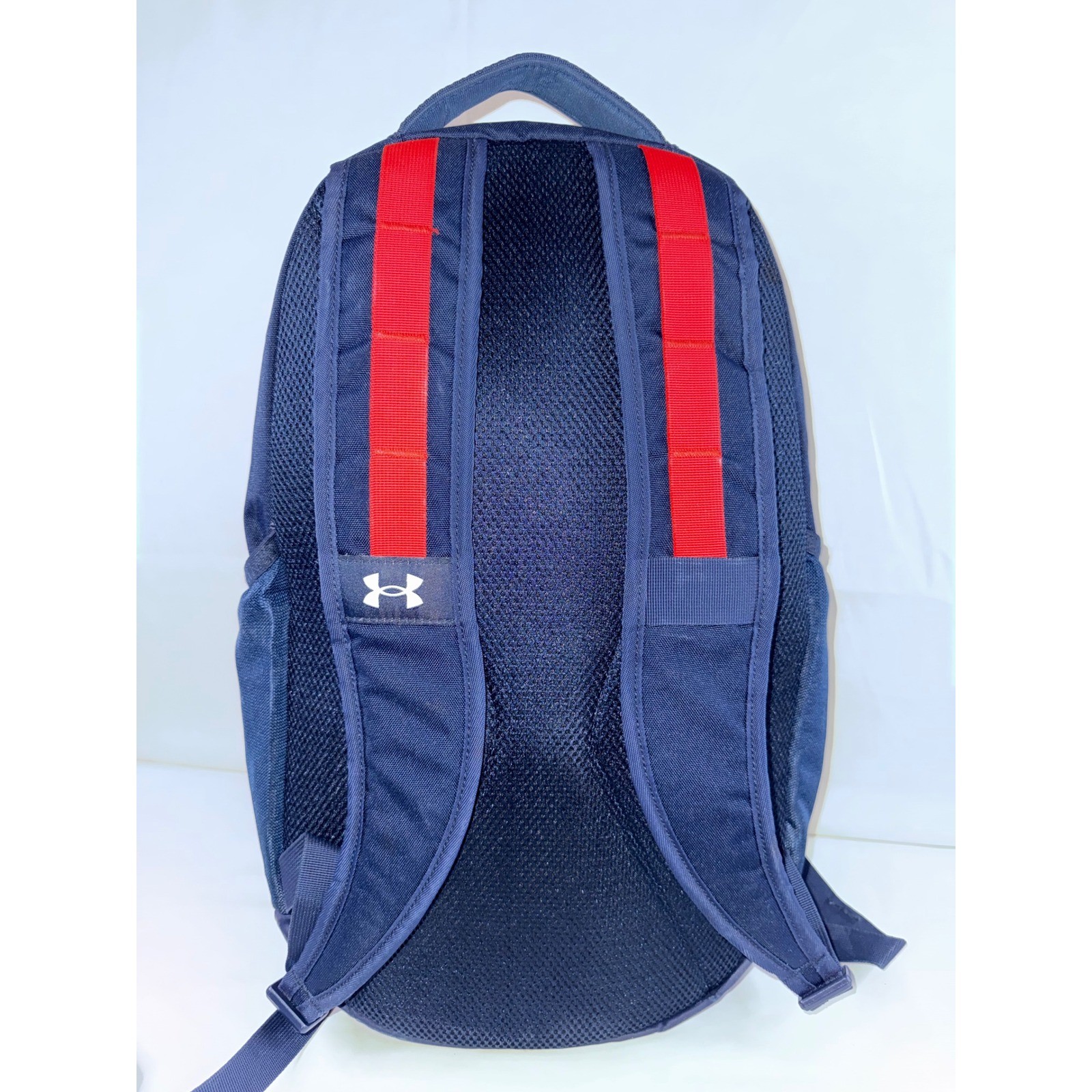 Under Armour Hustle 5.0 Backpack Navy Blue Red UA Storm Water Resistant Bag