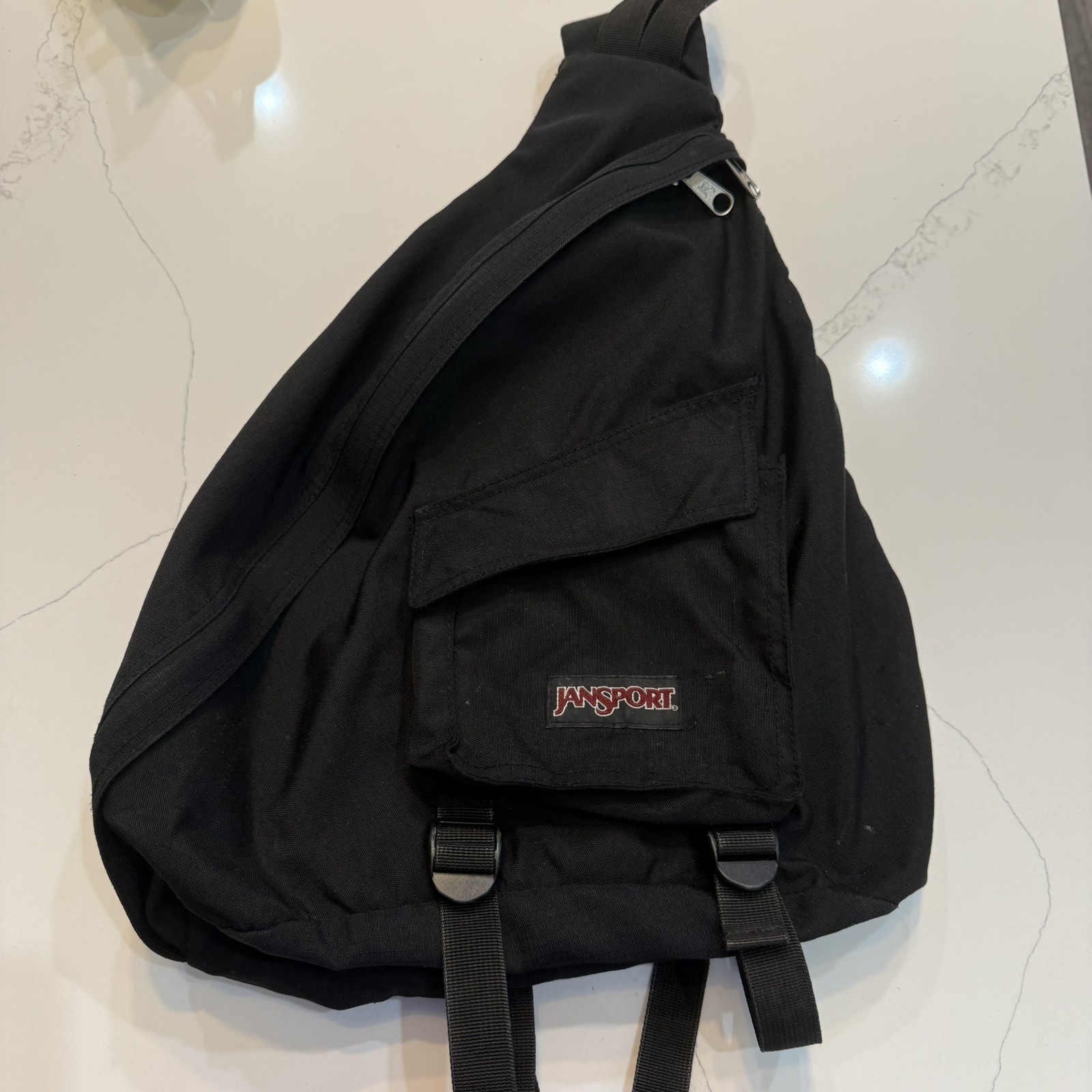 Vtg Y2K JanSport Single Strap Sling Backpack Black Messenger Adjustable vintage