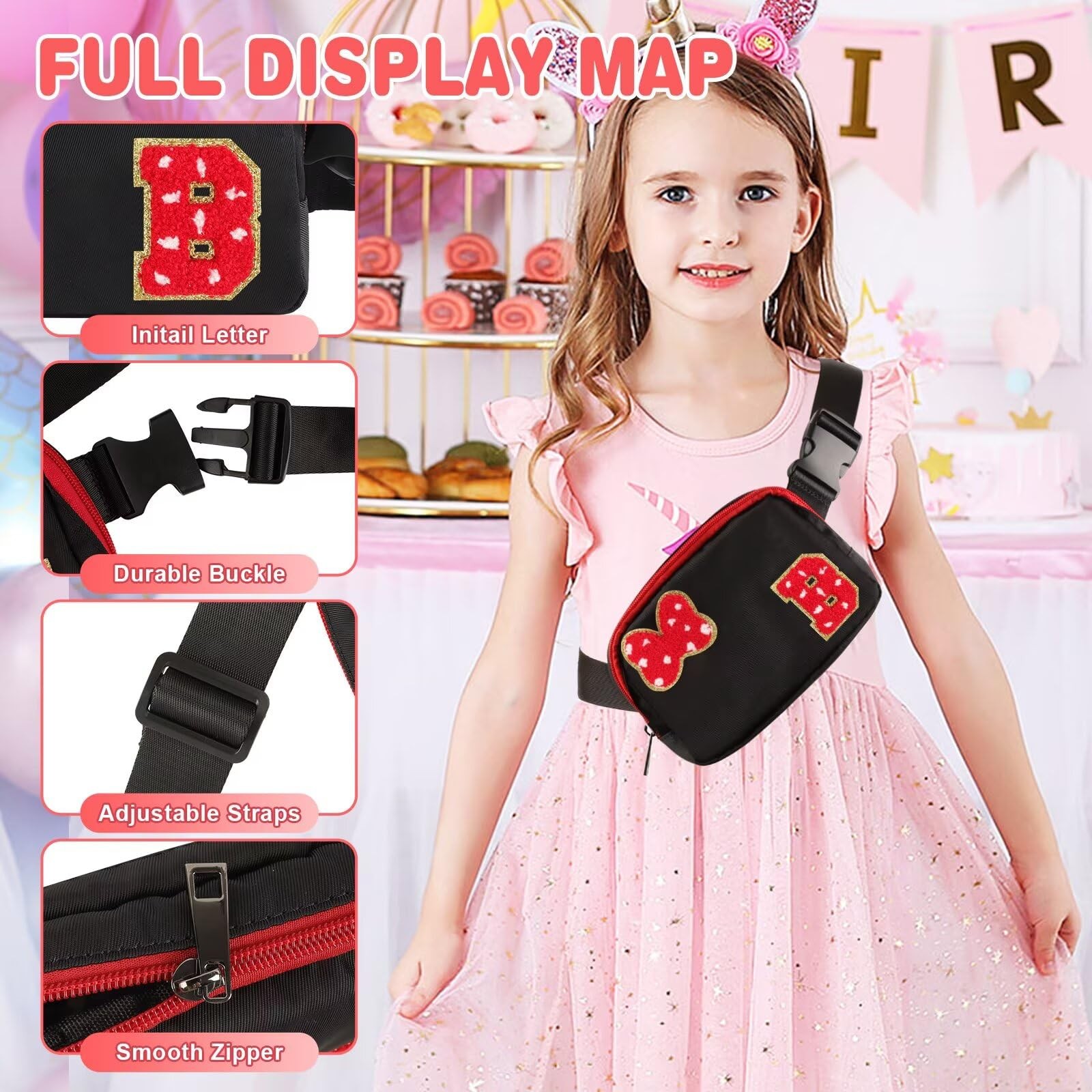 Initial Letter Bow Mouse-Ear Fanny Pack for 7.48 x 2.1 x 5.11 inches, Black