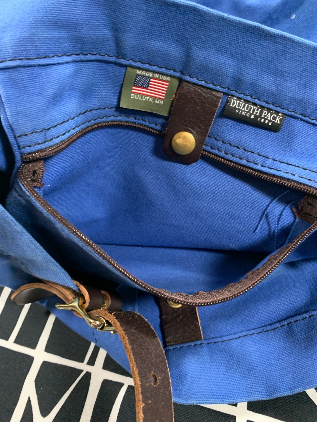 VTG Duluth Pack Tote Bag Navy Blue Canvas Brown Leather Brass Made in USA GREAT